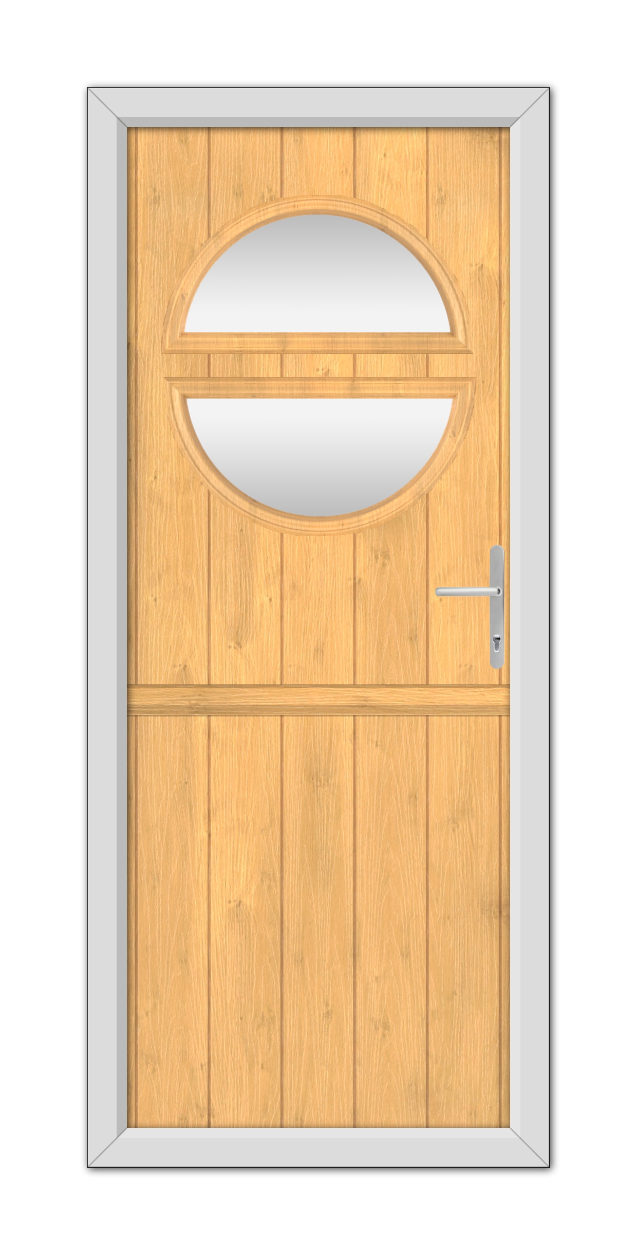 A modern Irish Oak Kent Stable Composite Door 48mm Timber Core with an oval-shaped glass window, framed in metal, featuring a horizontal handle on the right side.