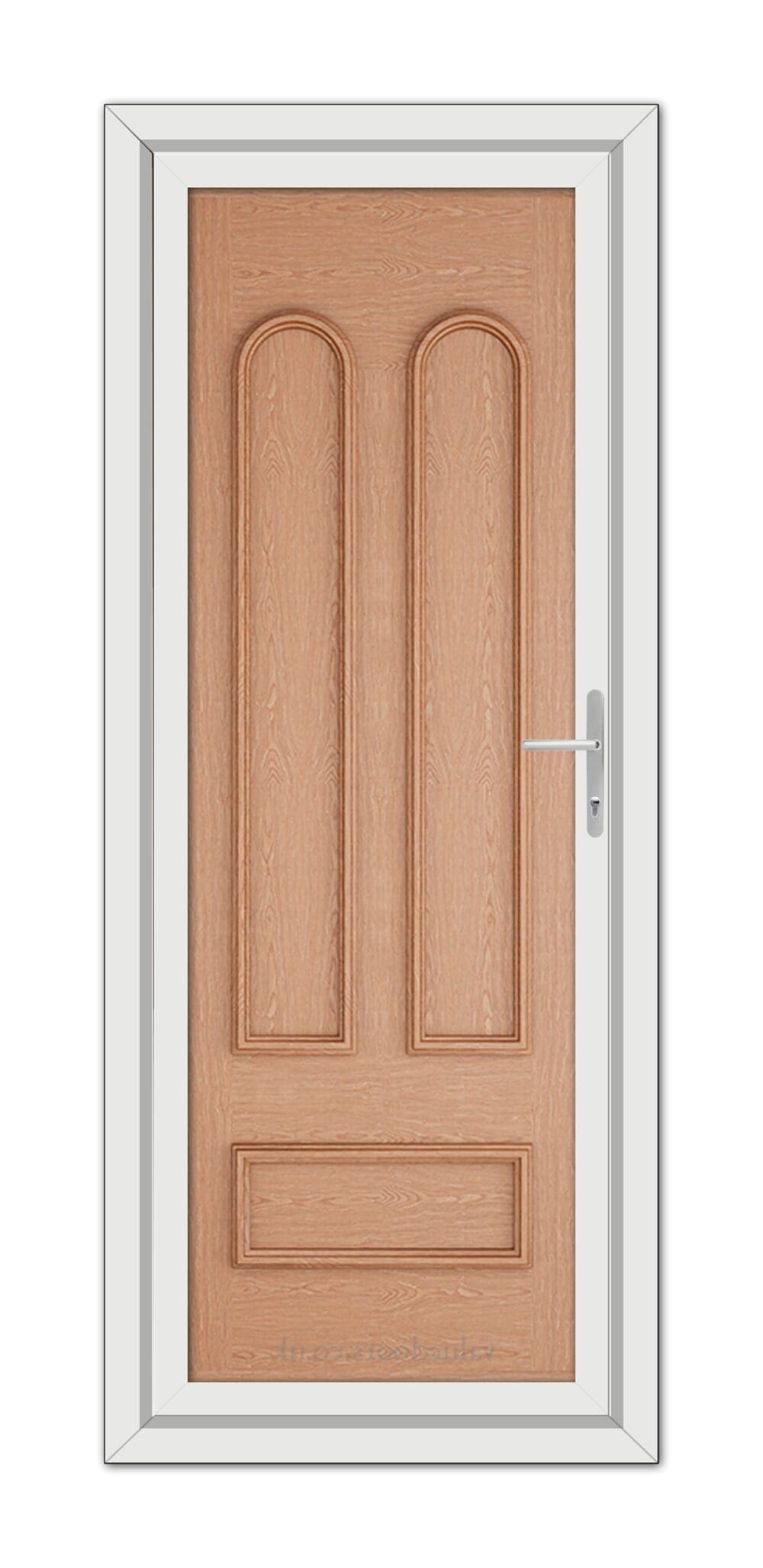 An Irish Oak Madrid Solid uPVC Door with a vertical handle, set within a white frame, viewed frontally.