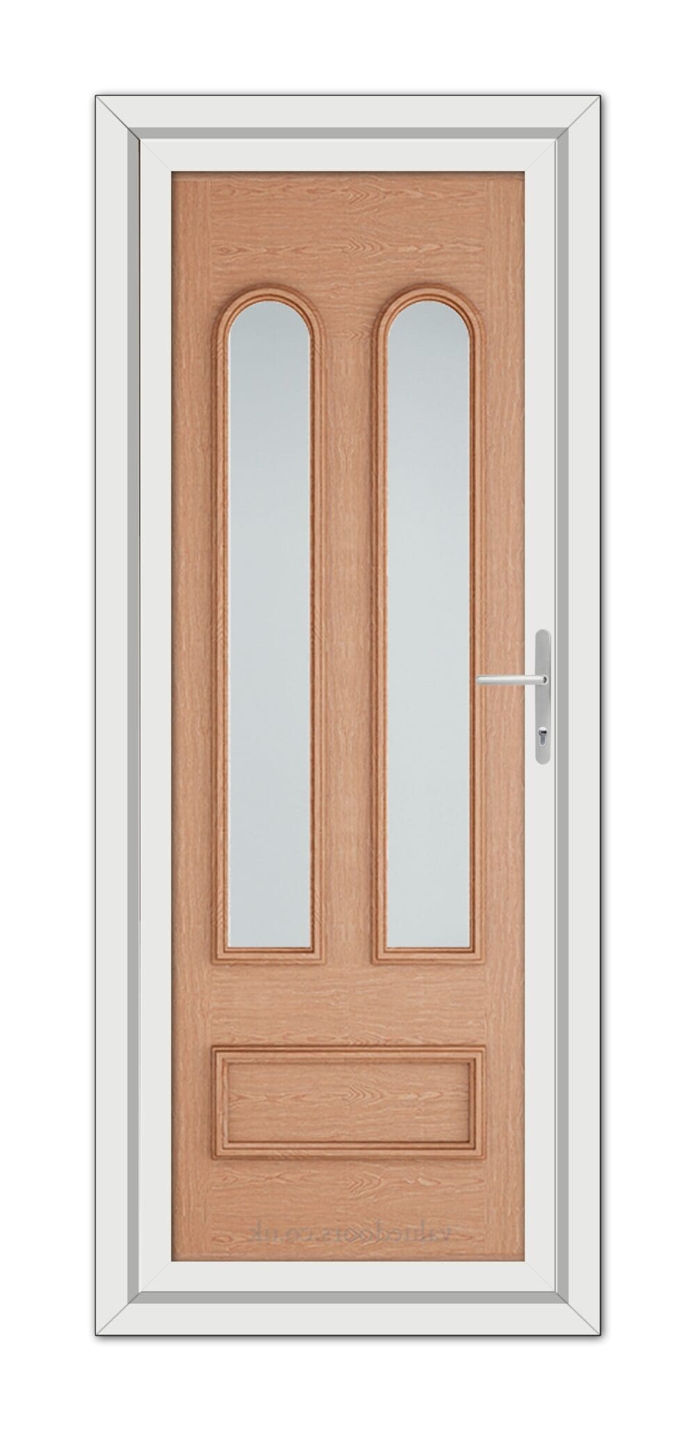 Irish Oak Madrid uPVC door with a white frame, featuring two vertical glass panels and a metal handle.