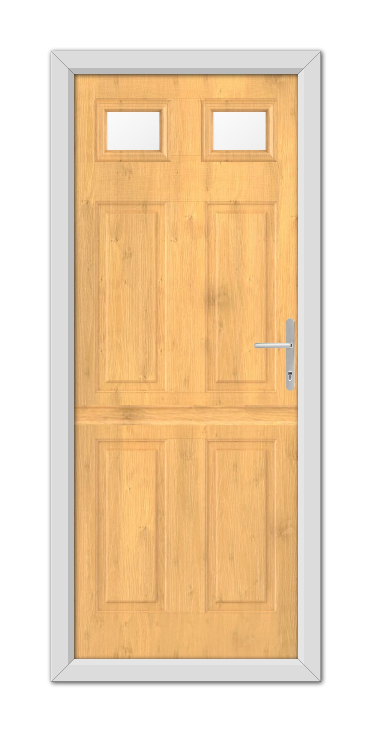 An Irish Oak Middleton Glazed 2 Stable Composite Door 48mm Timber Core with two small windows at the top and a modern handle, set in a grey frame.