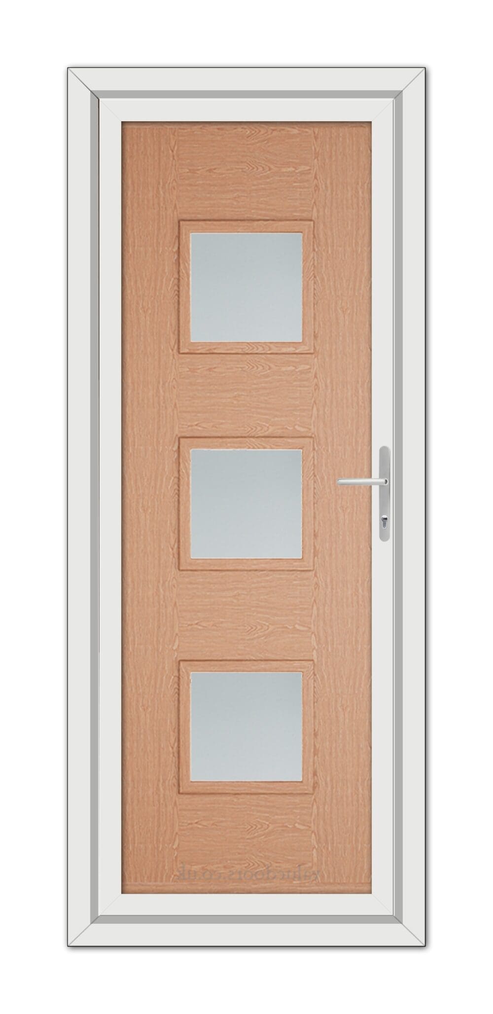 An Irish Oak Modern 5013 uPVC door with three vertical frosted glass panels, set within a white frame, featuring a silver handle on the right.