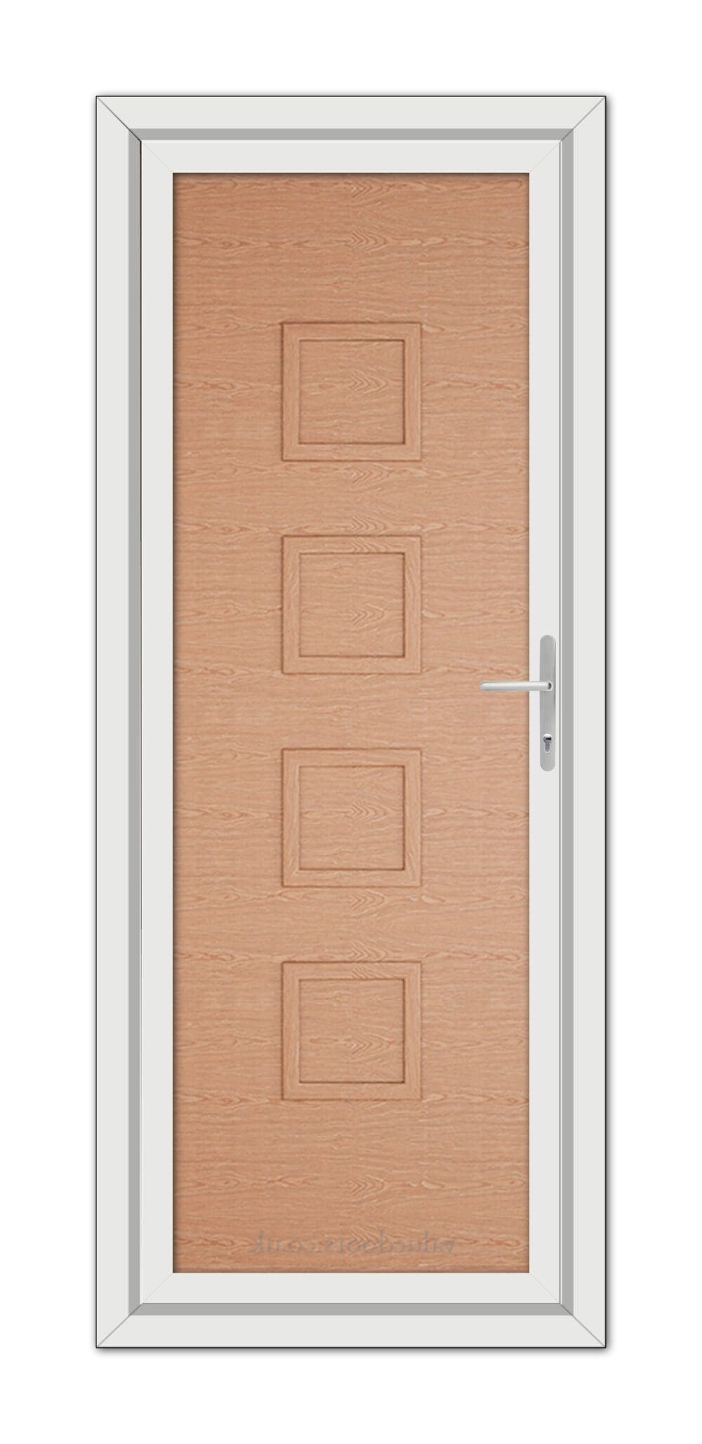 A vertical image of a Irish Oak Modern 5034 Solid uPVC door with a wooden finish and four rectangular panels, framed in white with a metal handle on the right.