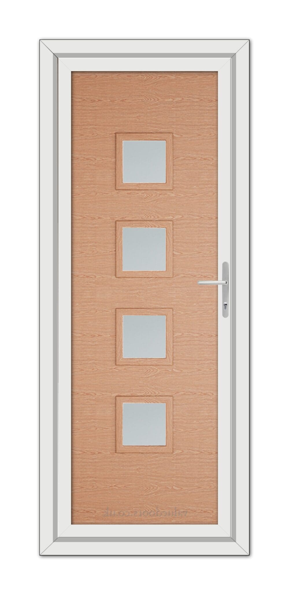 A Irish Oak Modern 5034 uPVC door with four square glass panels and a metallic handle, framed in white.