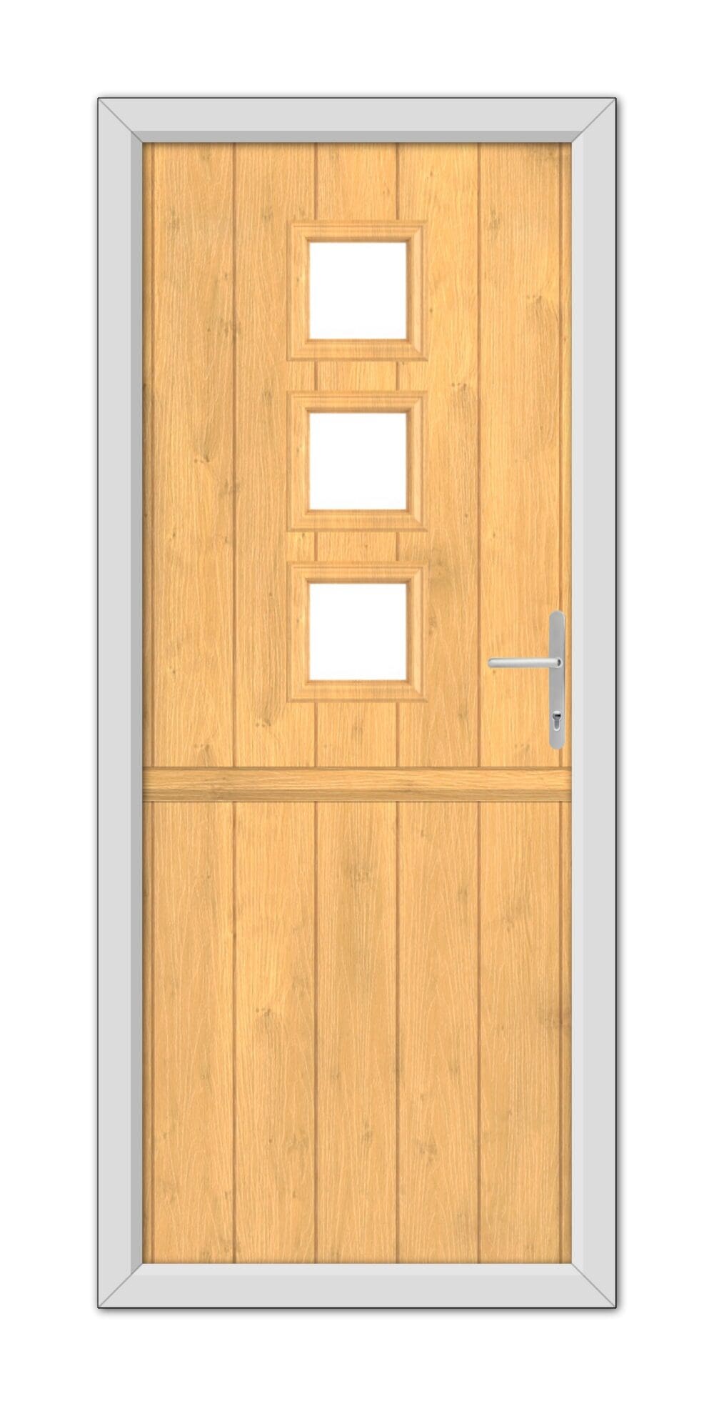 A modern Irish Oak Montrose Stable Composite Door 48mm Timber Core with four rectangular windows and a metal handle, framed within a silver metal doorframe, isolated on a white background.