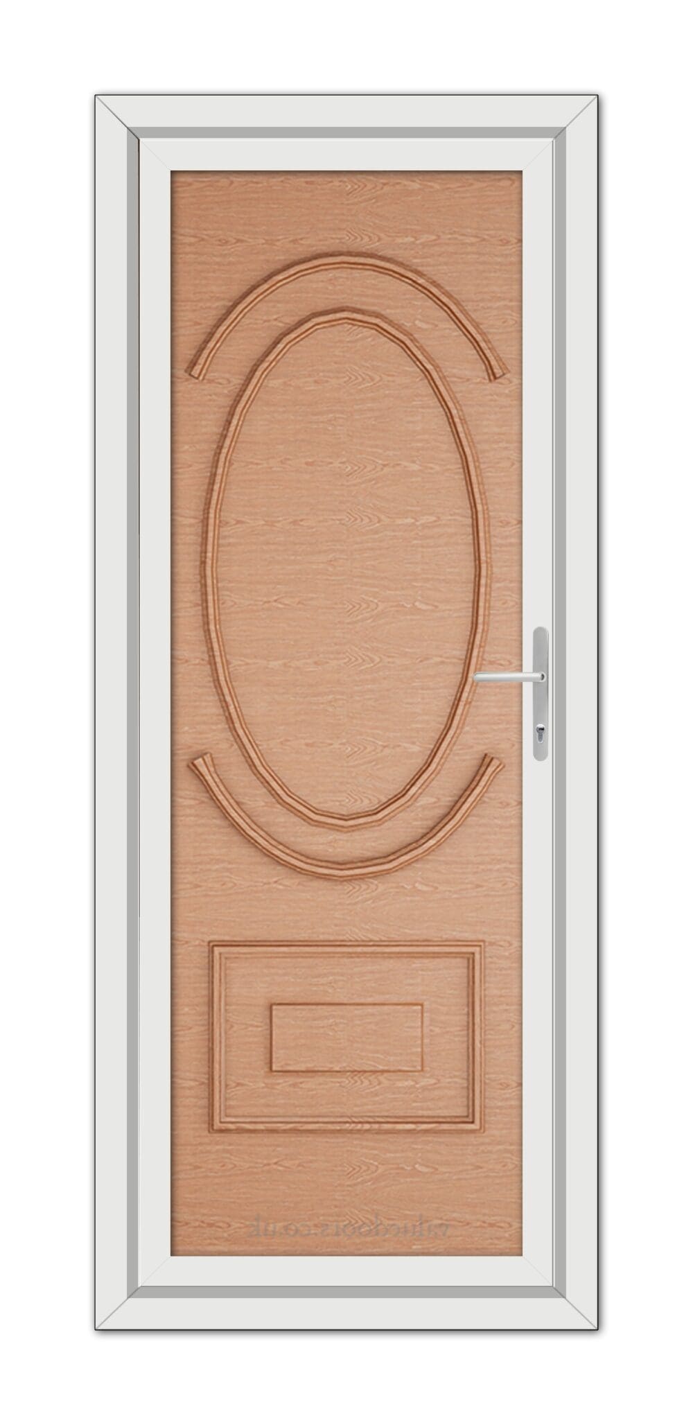 A white Irish Oak Richmond Solid uPVC door with a carved wooden design.