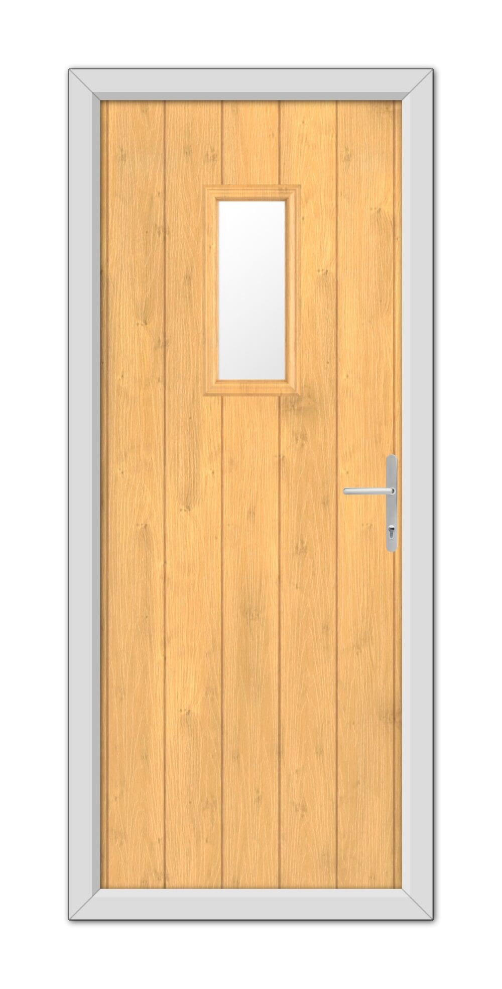 An Irish Oak Somerset Composite Door with a small square window and a metal handle, framed by a grey border.