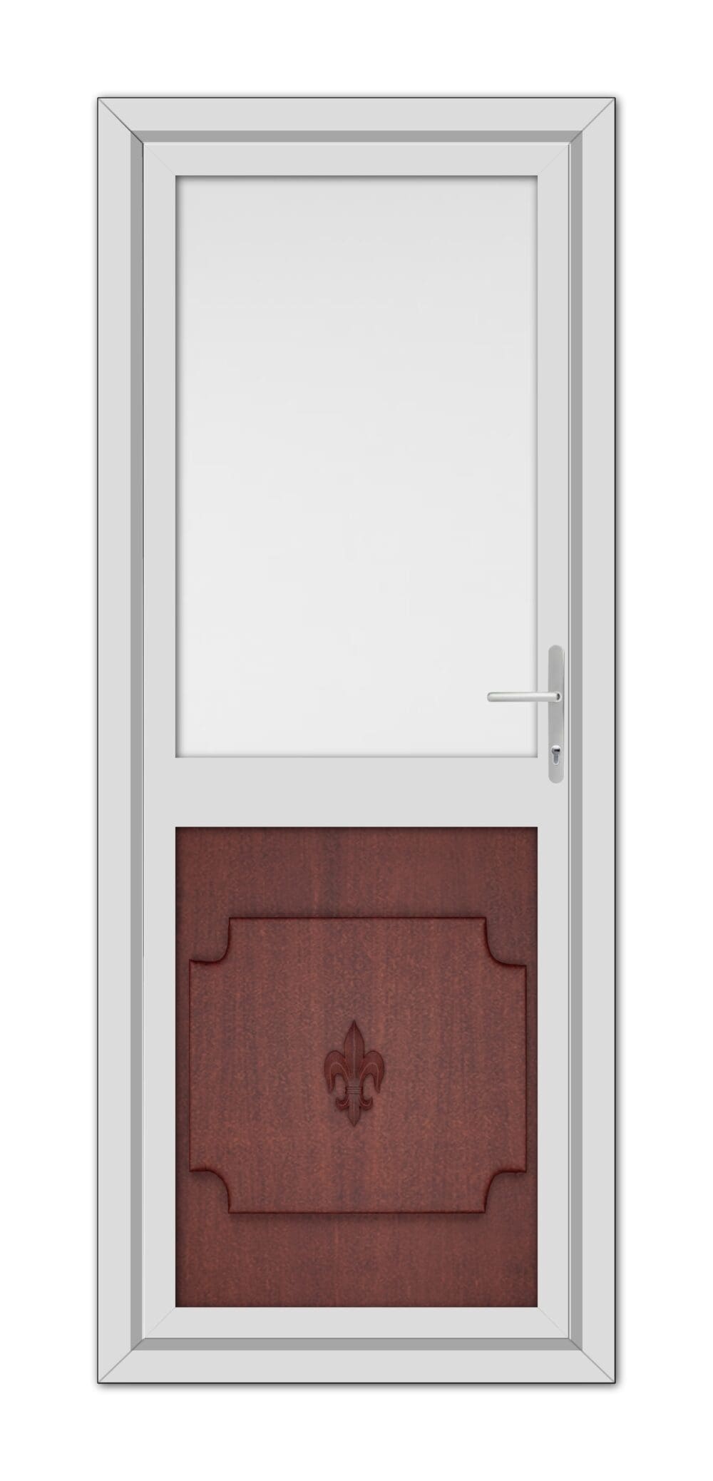 A Mahogan Abbey Half uPVC Back Door with a white frame, featuring a wooden panel embossed with a fleur-de-lis design and a simple metallic handle.