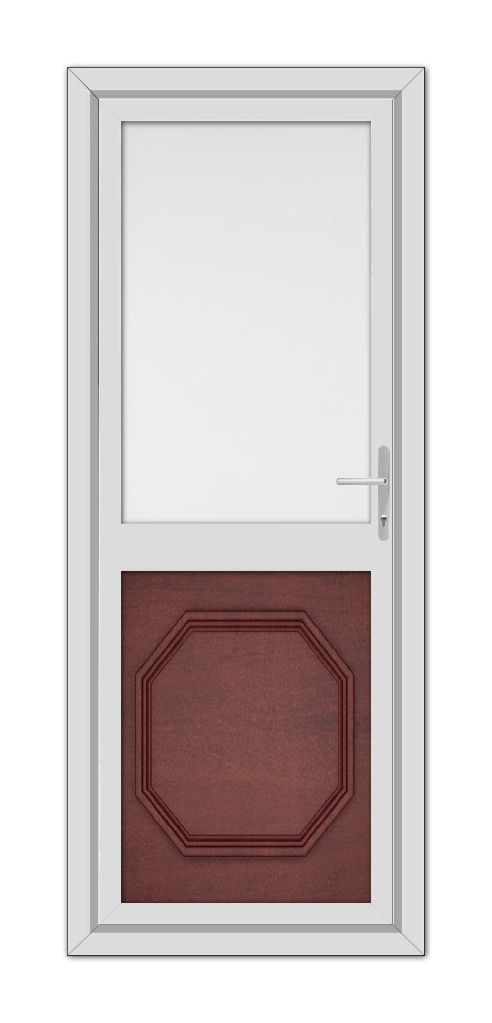 A Mahogan Buckingham Half uPVC Back Door with a white frame, featuring a small upper window and a larger lower octagonal brown panel, equipped with a silver handle.