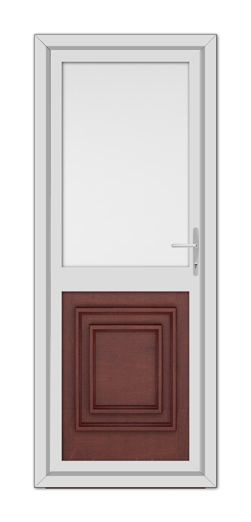 A Mahogan Hannover Half uPVC Back Door with a white frame, featuring a large upper window and a lower red panel with a recessed square design, equipped with a metallic handle on the right.