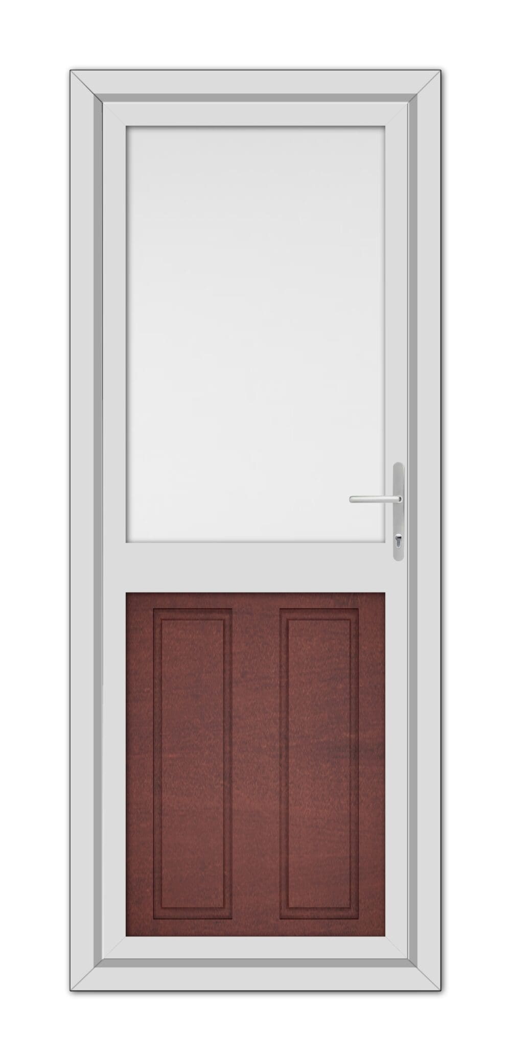 A Mahogan Manor Half uPVC Back Door with a silver handle, featuring a small upper window and two lower dark wood panels, set against a white background.