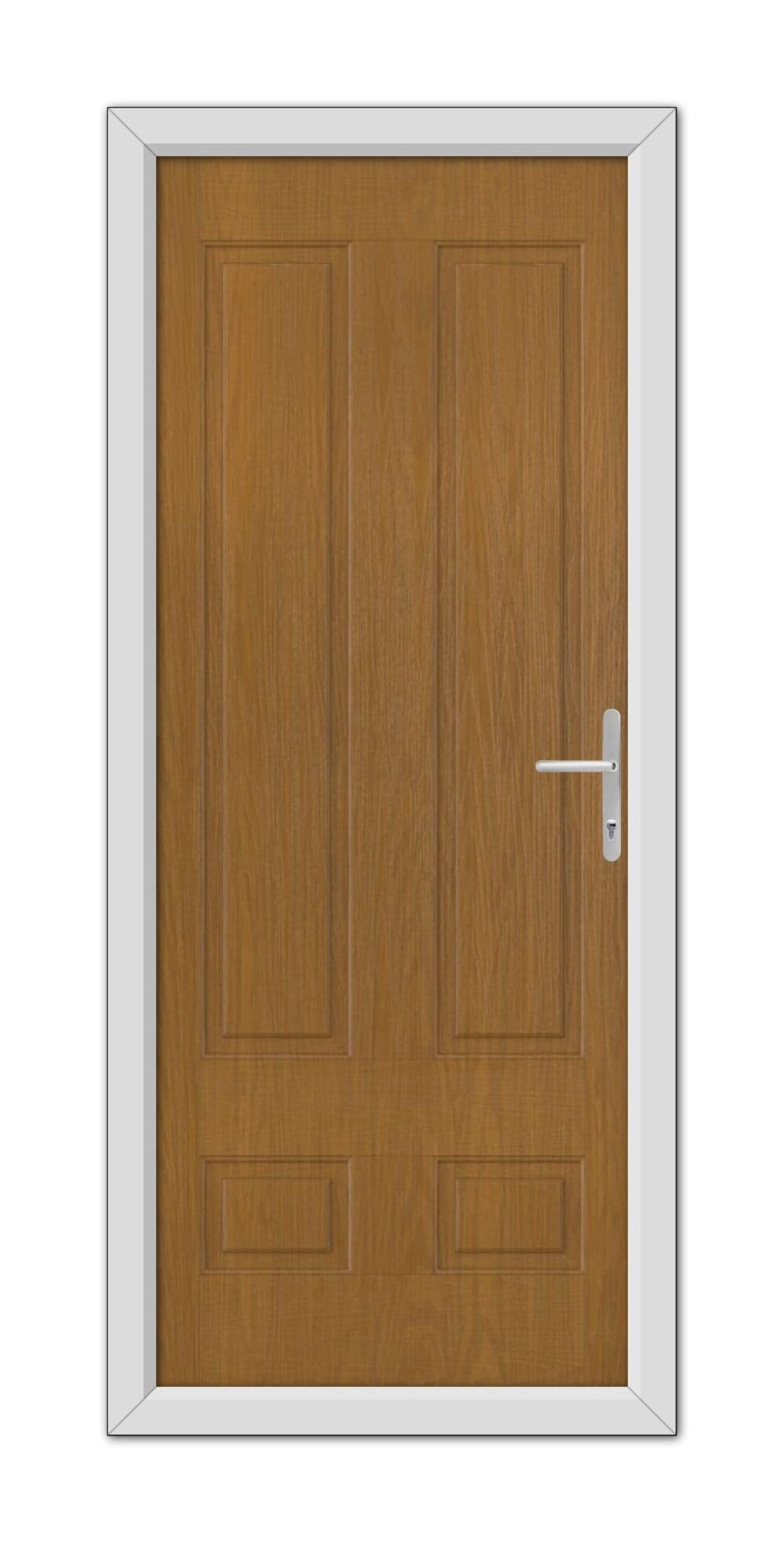 Oak Aston Solid Composite Door 48mm Timber Core with a metal handle, framed within a white door frame, viewed frontally.