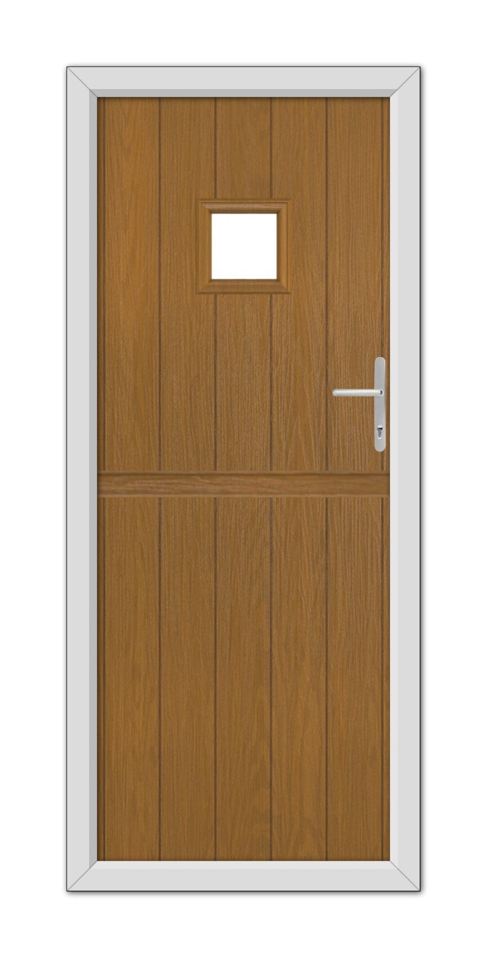 A modern Oak Brampton Stable Composite Door 48mm Timber Core with a small square window, equipped with a metal handle, set in a white frame.