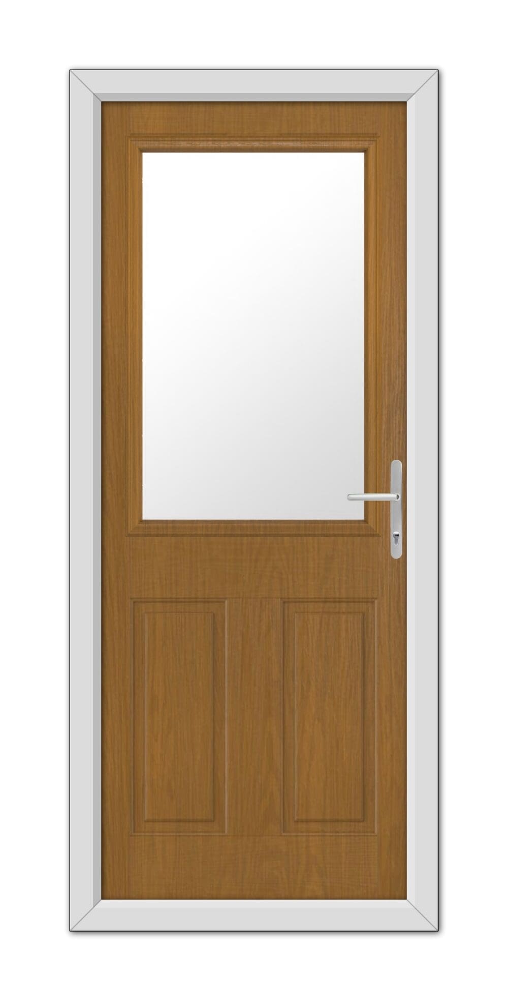 A closed Oak Buxton Composite Door 48mm Timber Core with a white frame and a rectangular glass pane at the top, featuring a modern handle on the right side.