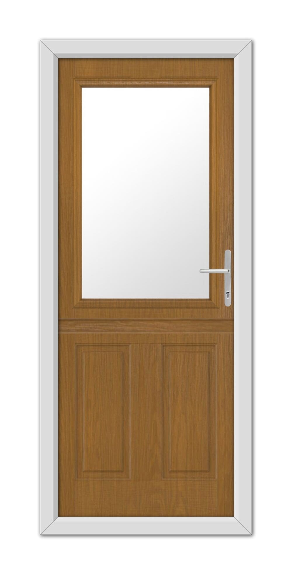 A Oak Buxton Stable Composite Door with a centered, rectangular frosted glass window, featuring a white frame and a metal handle on the right side.