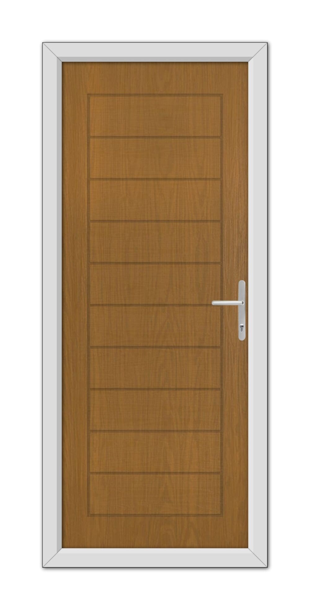 A closed Oak Cambridge Composite Door 48mm Timber Core with a metal handle, set within a white door frame, viewed frontally.