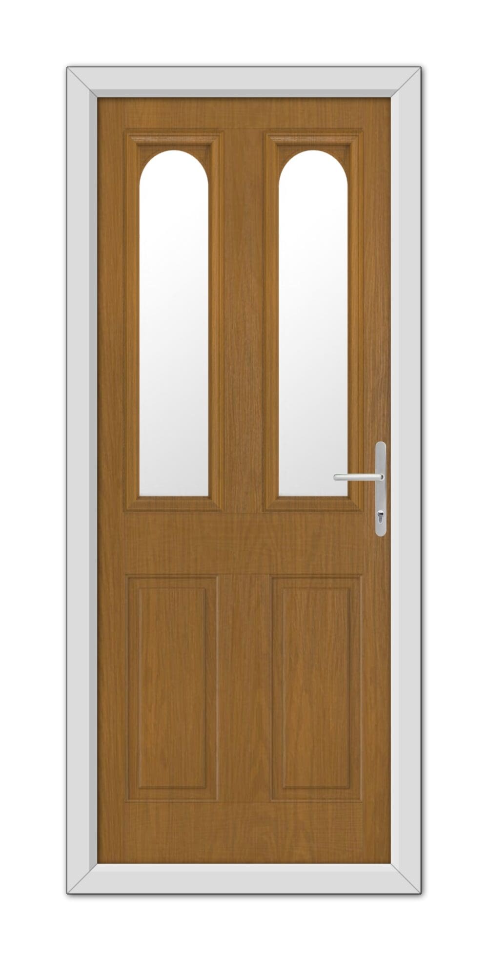 A Oak Elmhurst Composite Door 48mm Timber Core with two vertical glass panels and a modern handle, set in a white frame.