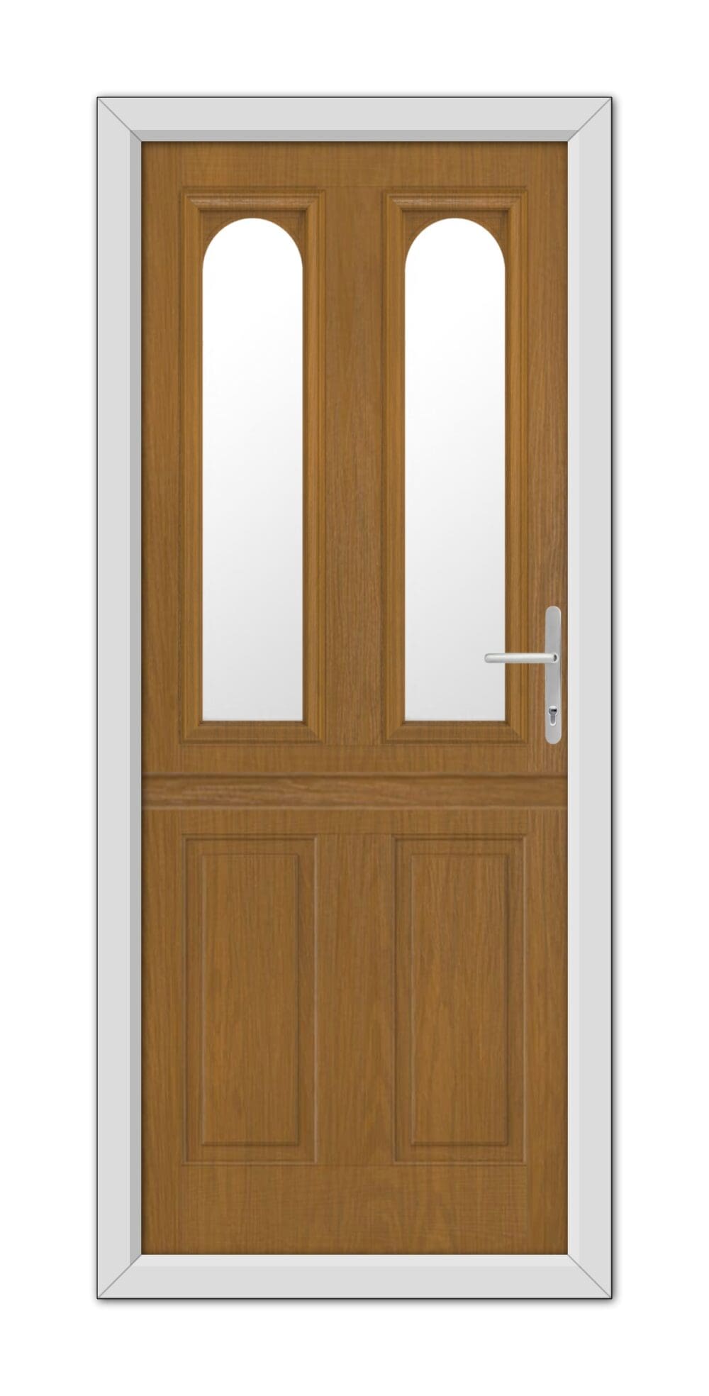 A Oak Elmhurst Stable Composite Door 48mm Timber Core with two top arched glass panels, framed in white, featuring a modern handle on the right.