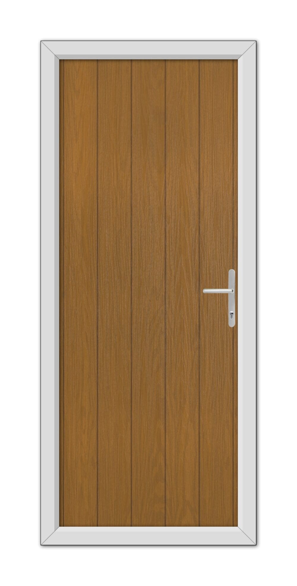 A closed Oak Gloucester Composite Door 48mm Timber Core with a metal handle, framed by a white border, viewed head-on.