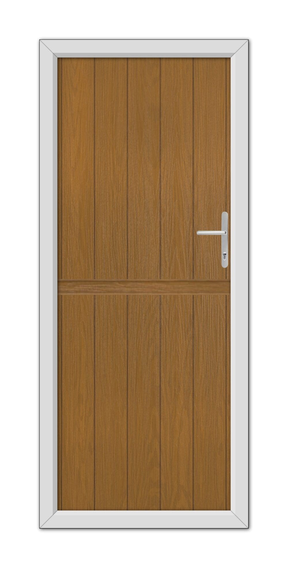 A modern Oak Gloucester Stable Composite Door 48mm Timber Core with a metal handle, framed by a white border, isolated on a white background.