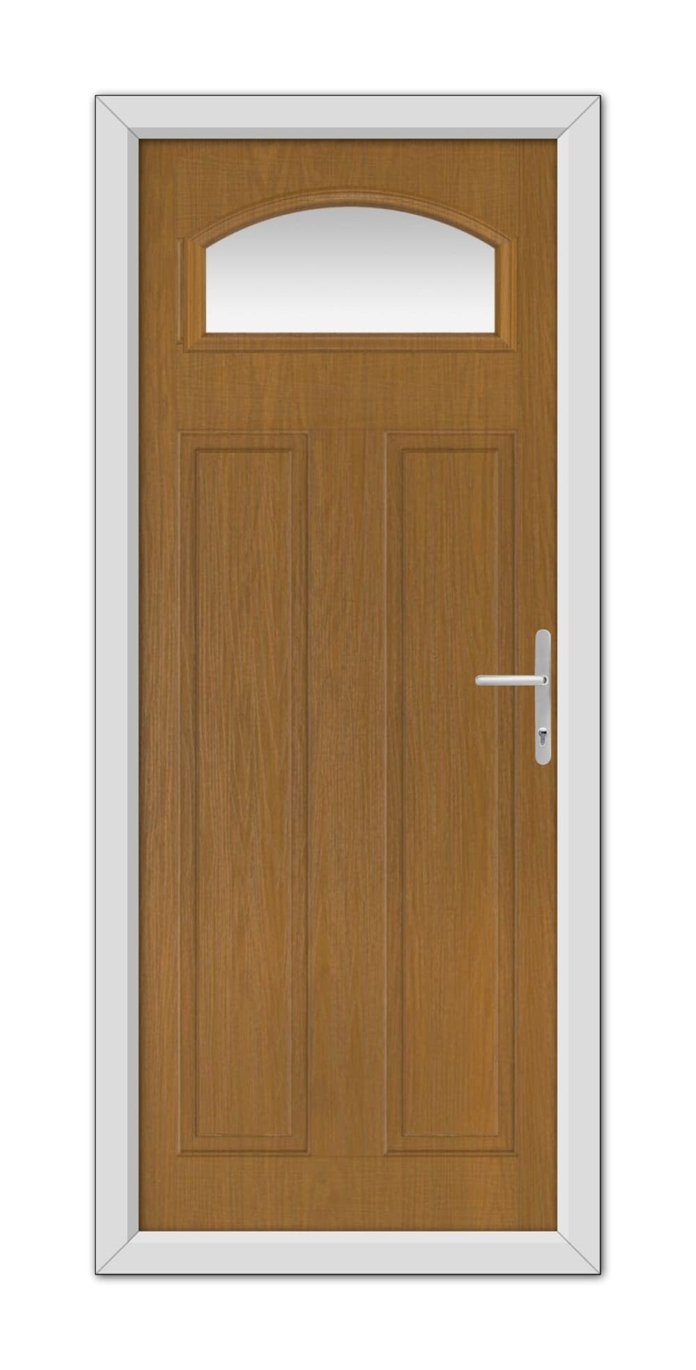 Oak Harlington Composite Door 48mm Timber Core with a white frame, featuring an oval window at the top and a metal handle on the right side.