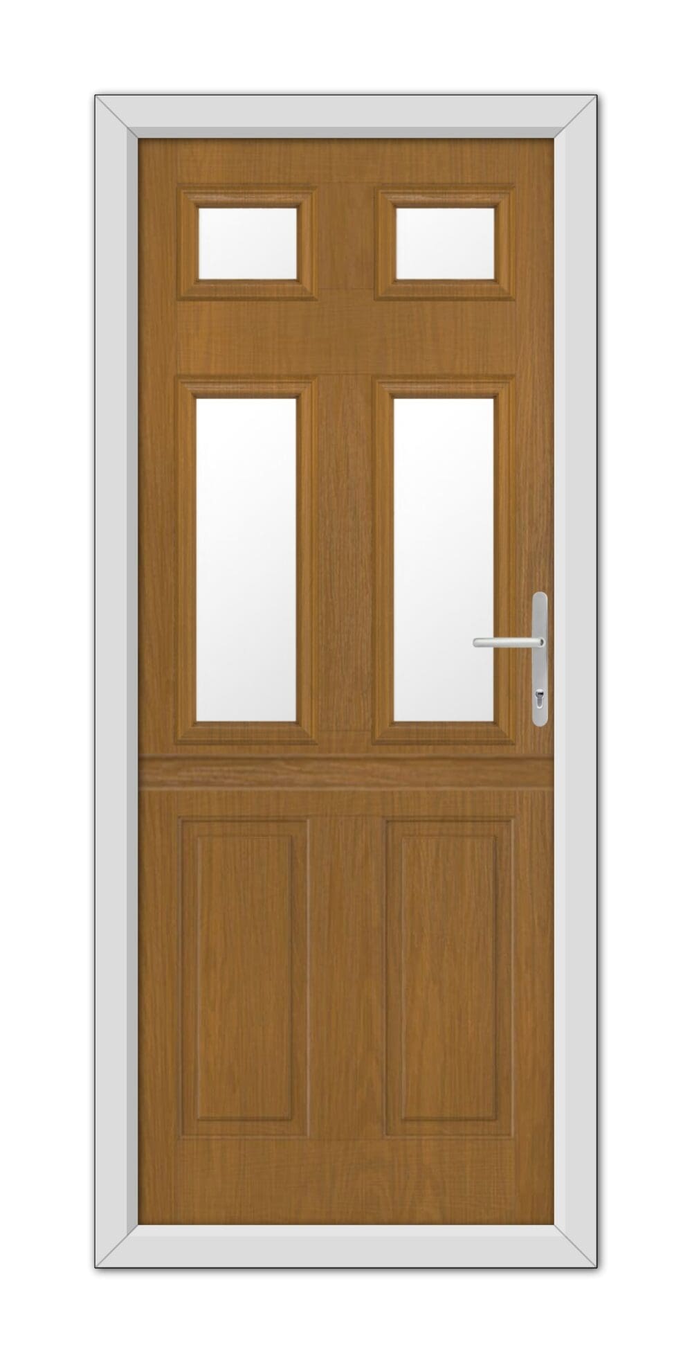 A modern Oak Middleton Glazed 4 Stable composite door with two square glass panels at the top, a metal handle on the right, and a white frame.