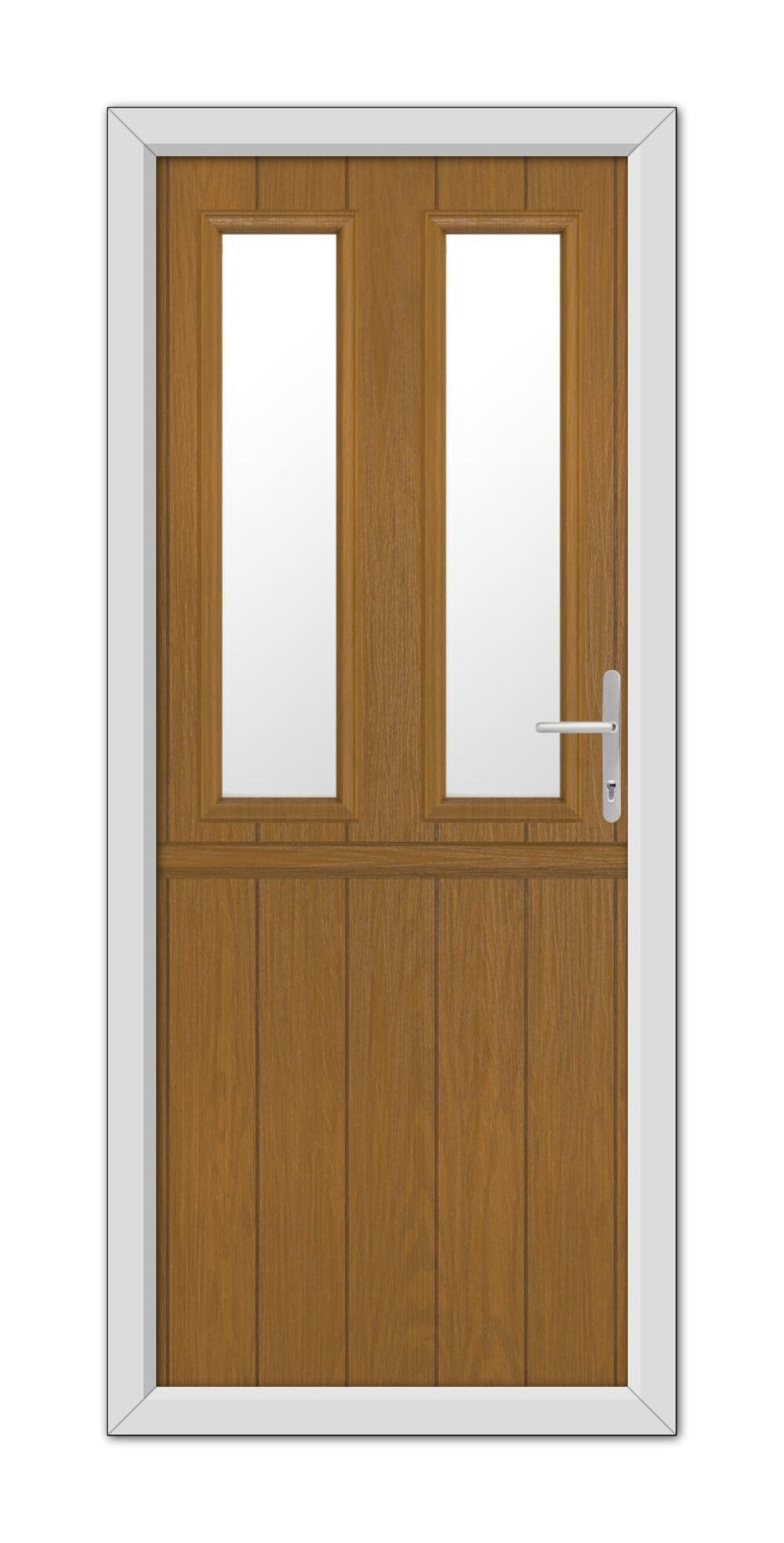 Oak Wellington Stable Composite Door 48mm Timber Core with glass panels and a metal handle, framed by a white casing, isolated on a white background.