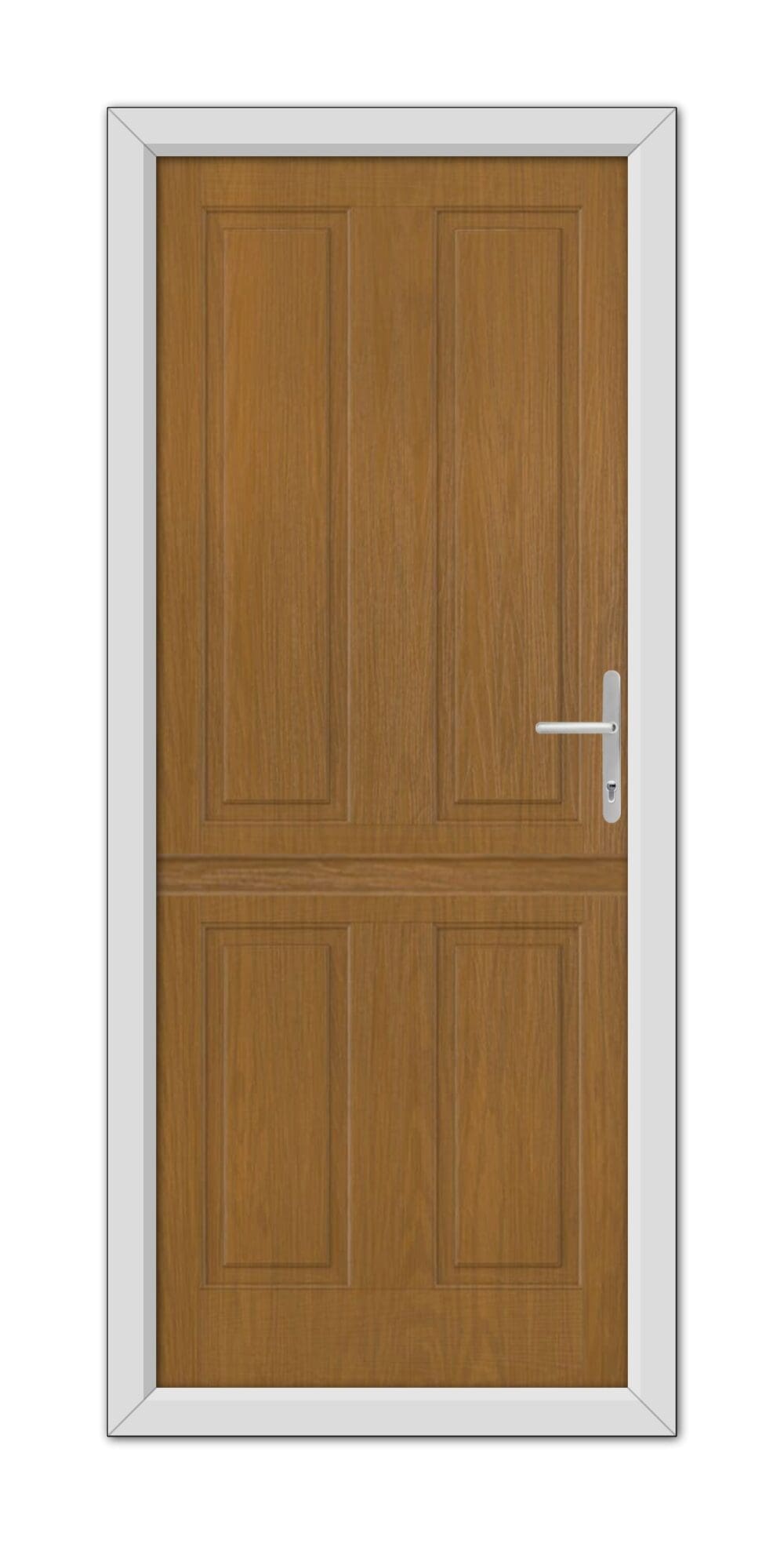 A Oak Whitmore Solid Stable Composite Door 48mm Timber Core with a metal handle, set within a white frame, presented in a frontal view.