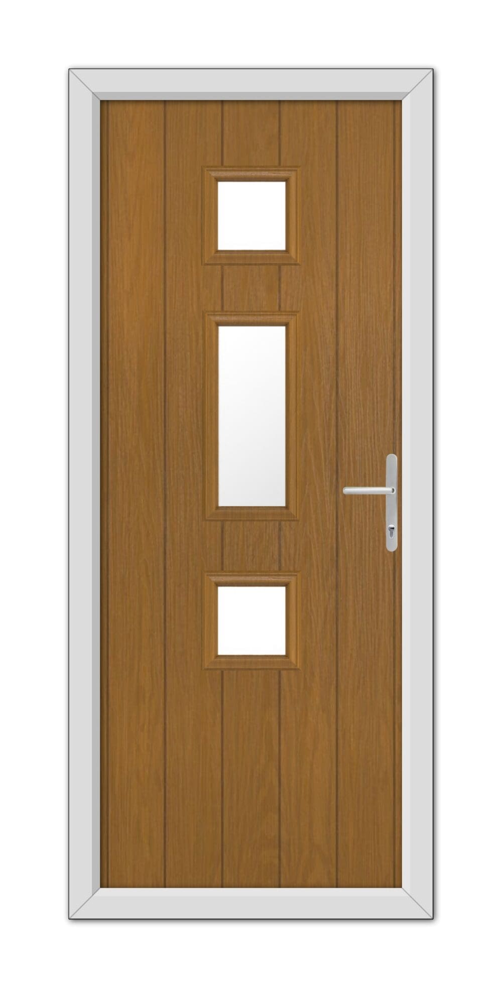 A modern Oak York composite door with three rectangular glass panels and a metal handle, set within a white frame.