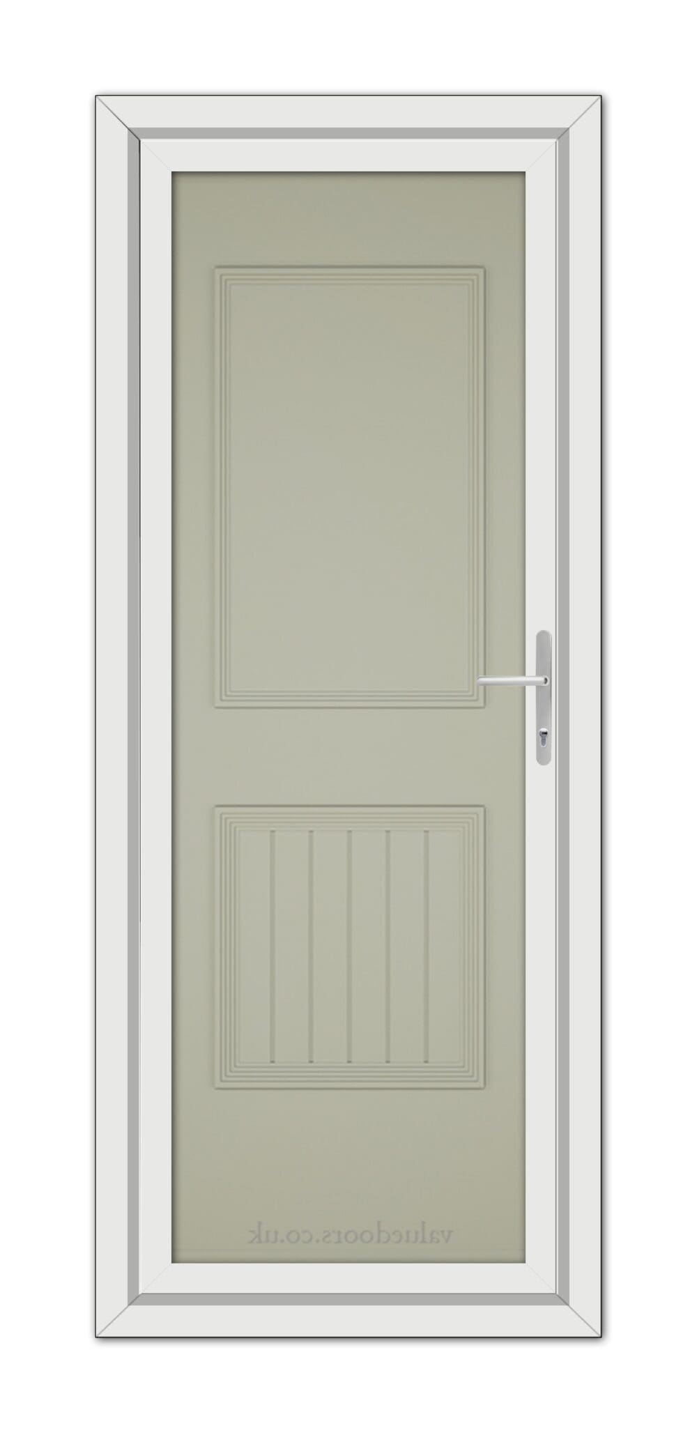 A Pebble Grey Alnwick One Solid uPVC door with a metallic handle, framed within a white door frame, viewed from the front.