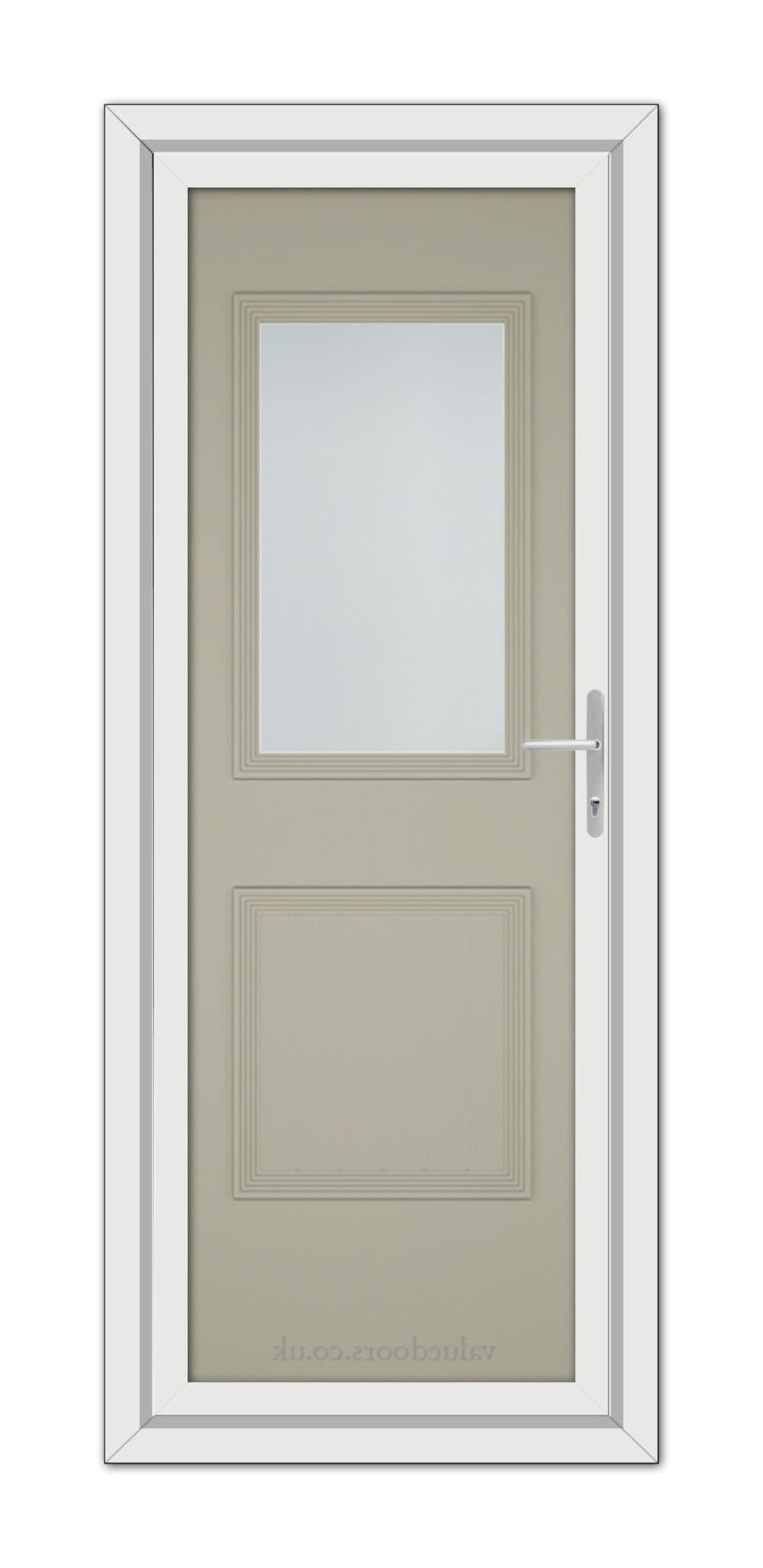 A Pebble Grey Alnwick One uPVC Door in a light gray color with a rectangular glass panel in the upper half and a solid lower half, featuring a metal handle on the right.