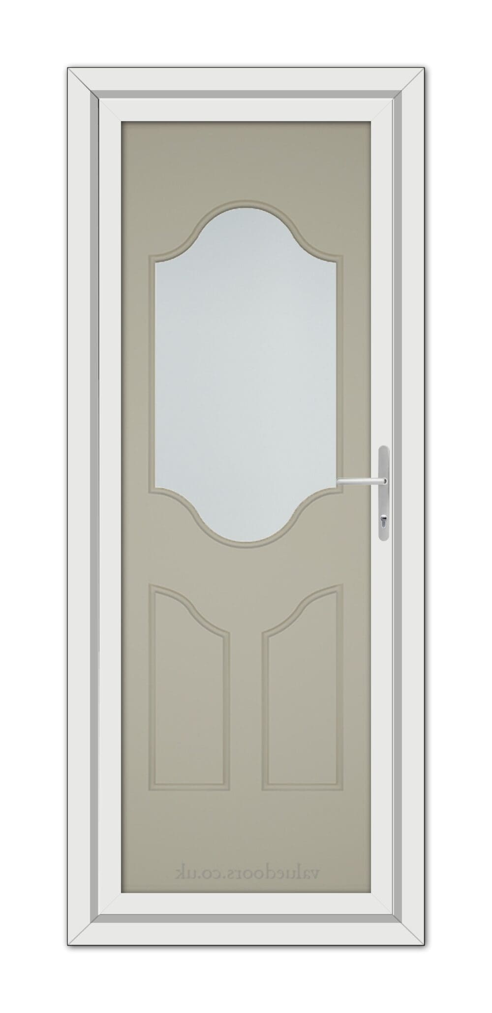 A modern Pebble Grey Althorpe One uPVC door featuring an arched window near the top, two recessed panels, and a simple metallic handle, set within a white frame.