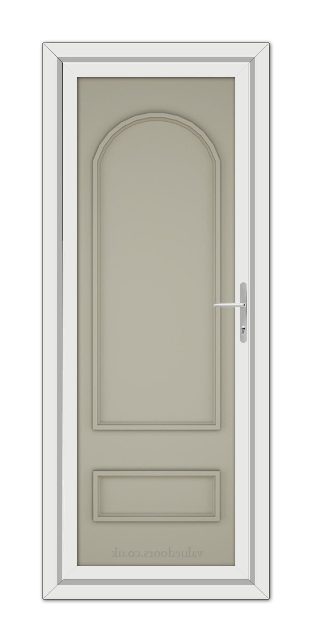 A vertical image of a closed, Pebble Grey Canterbury Solid uPVC Door with a white frame and a metal handle, viewed from the front.