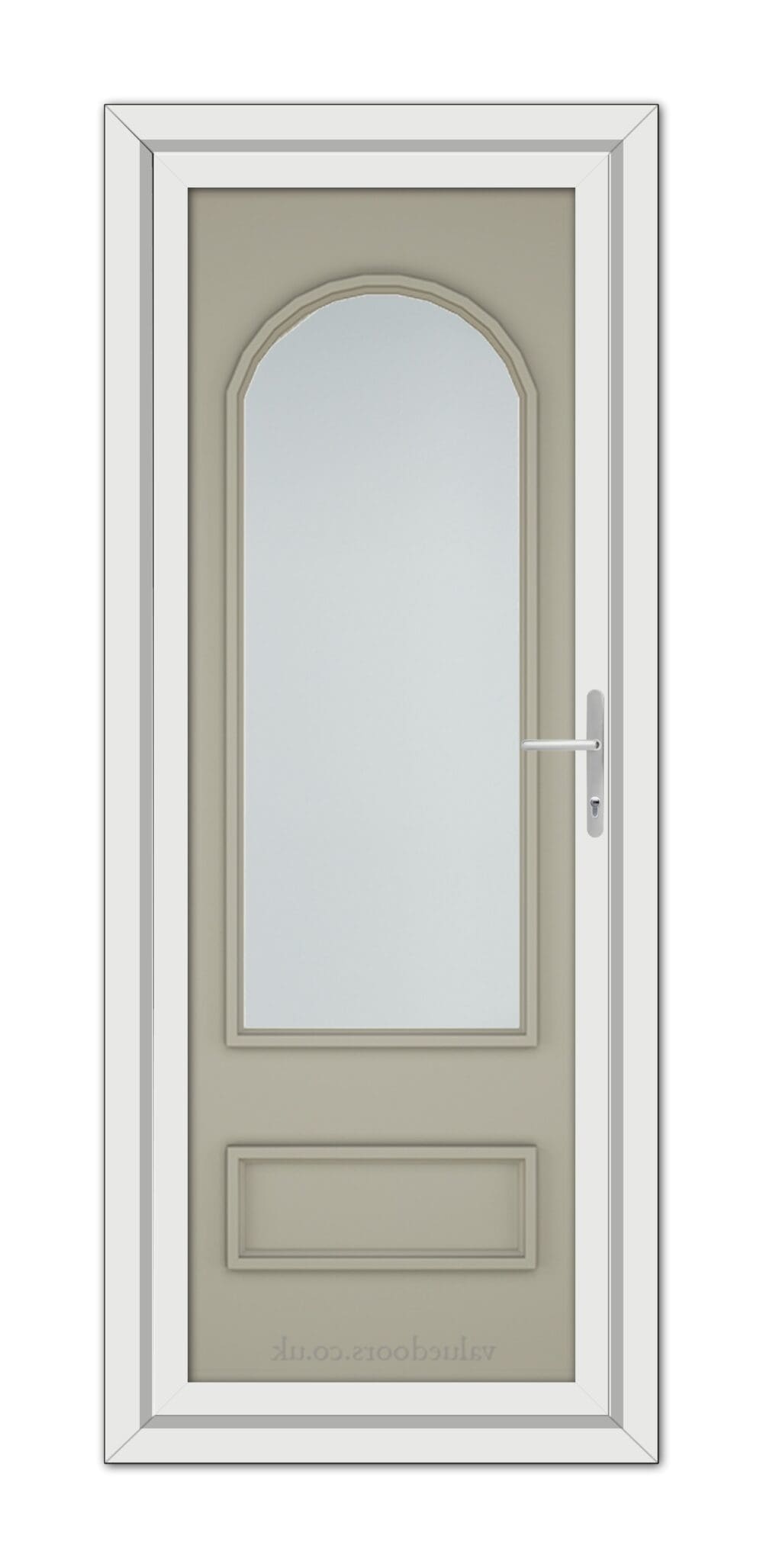 A modern beige Pebble Grey Canterbury uPVC Door with a reflective glass panel and a metal handle, framed within a white door frame.