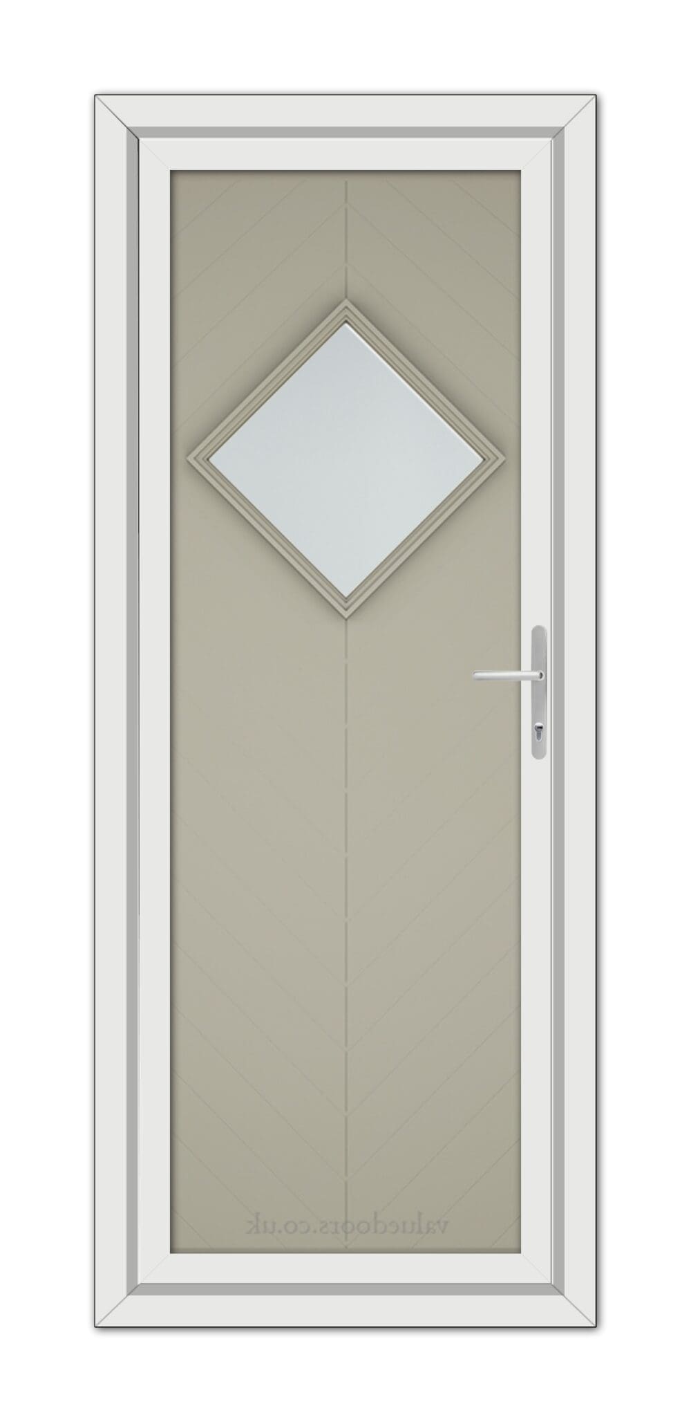 A modern Pebble Grey Hamburg uPVC door featuring a diamond-shaped window at the center, with a silver handle on the right.