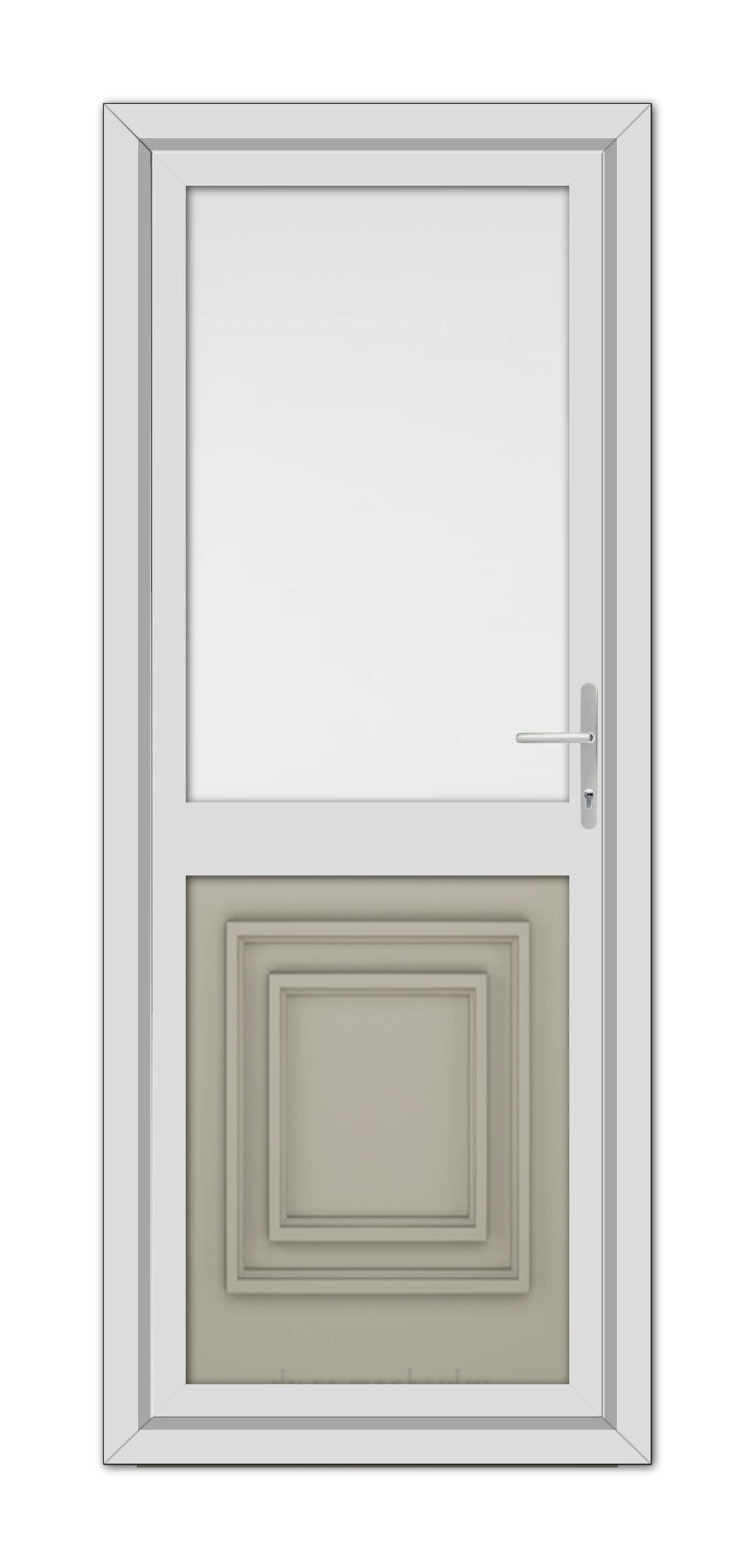 A modern white Pebble Grey Hannover Half uPVC Back Door with a silver handle, featuring a large upper window and a decorative lower raised panel.