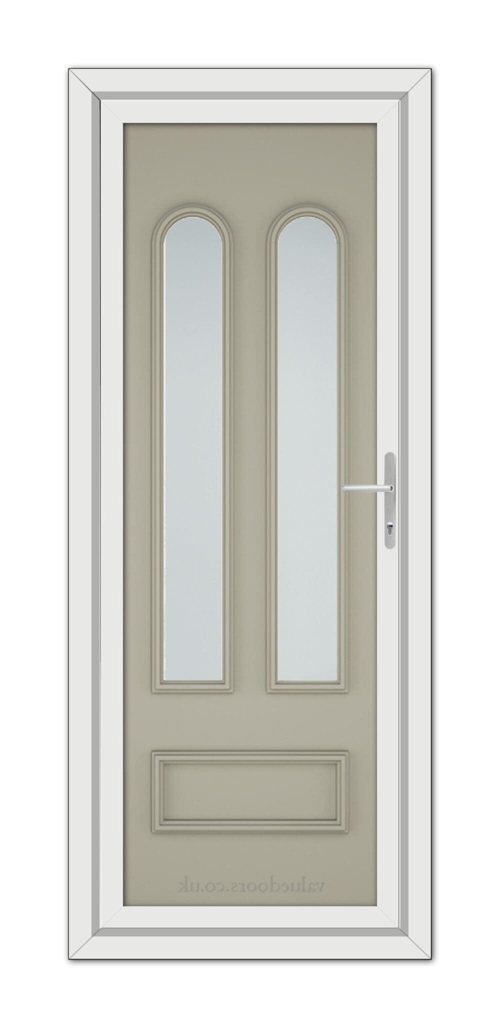 A modern Pebble Grey Madrid uPVC door with a white frame, featuring two vertical, narrow frosted glass panels and a silver handle.