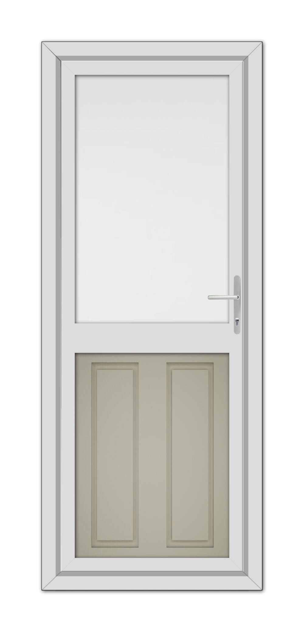 A Pebble Grey Manor Half uPVC Back Door featuring a small upper window and two lower panels, equipped with a modern handle on the right.