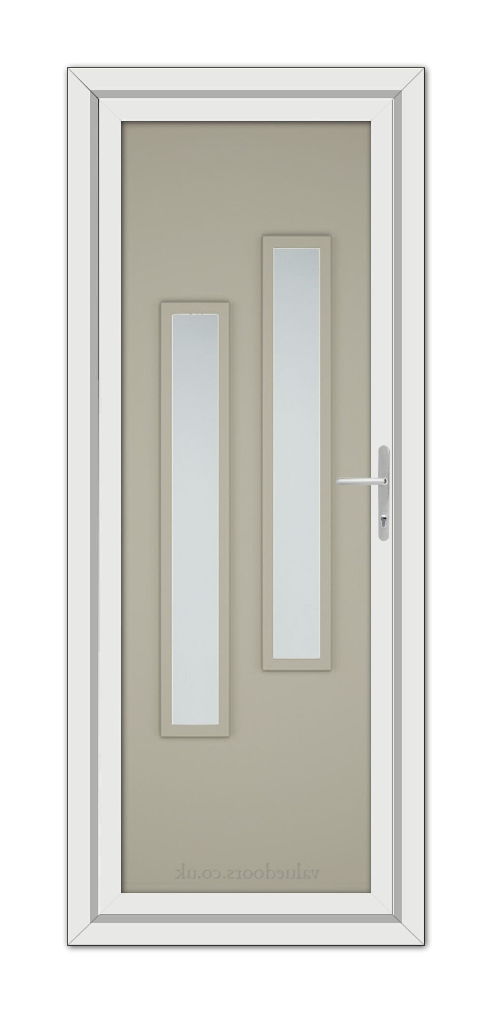 A modern Pebble Grey Modern 5082 uPVC door featuring two vertical glass panels and a metallic handle, set within a simple frame.