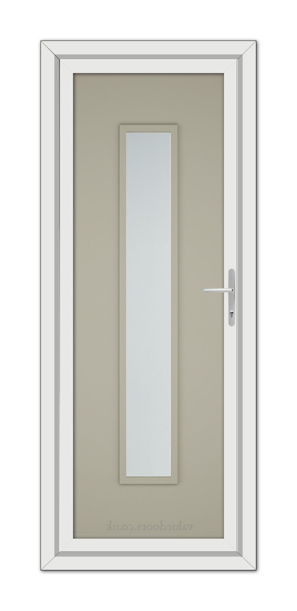 A Pebble Grey Modern 5101 uPVC door with a narrow vertical glass panel and a metallic handle, isolated on a white background.