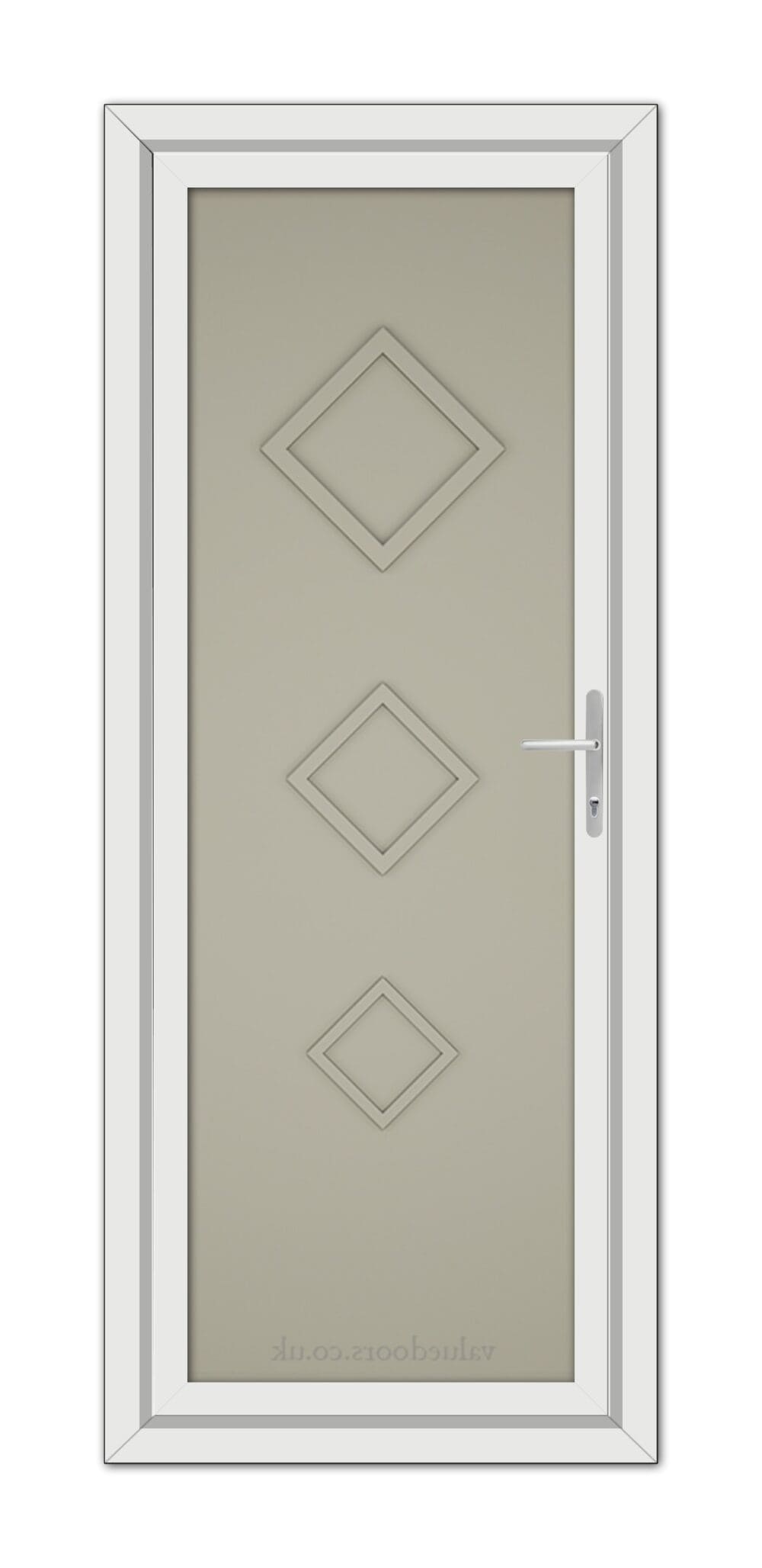 A Pebble Grey Modern 5123 Solid uPVC Door with three diamond-shaped panels and a silver handle, installed in a white frame.