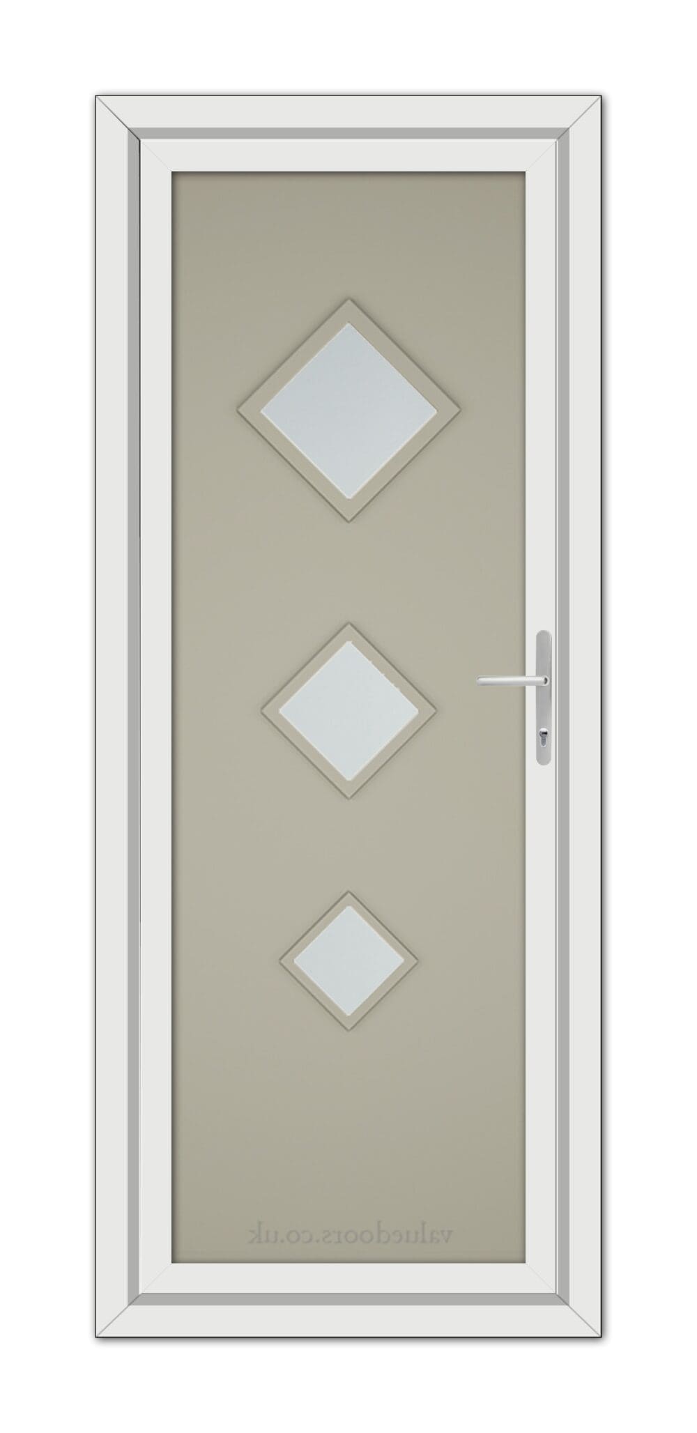 A Pebble Grey Modern 5123 uPVC door with three diamond-shaped glass panels and a white door handle, set in a white frame.