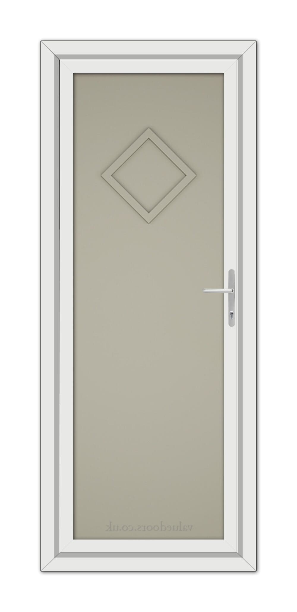 A Pebble Grey Modern 5131 Solid uPVC Door with a frosted glass panel featuring a diamond-shaped design and a white frame, equipped with a silver handle on the right side.