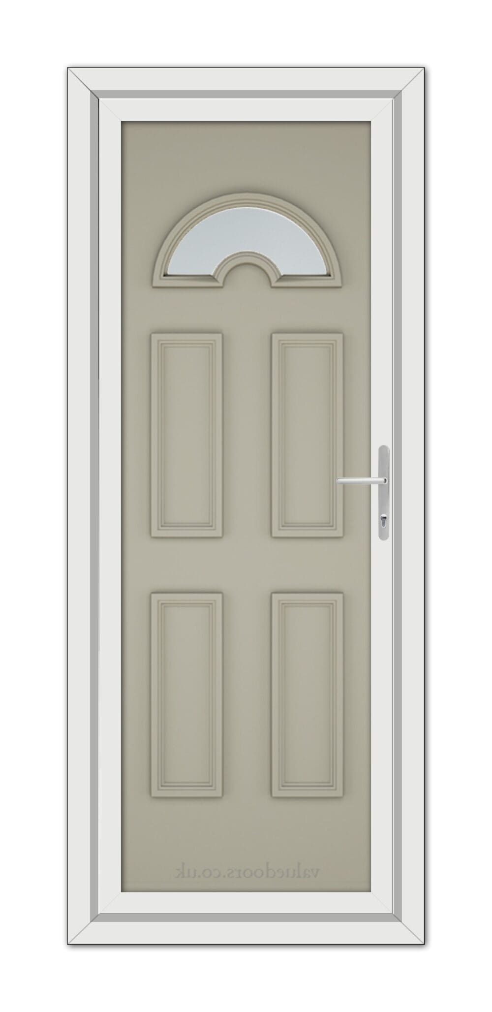 A modern Pebble Grey Sandringham uPVC door featuring a silver handle and a semicircular frosted glass window at the top, framed within a white doorframe.