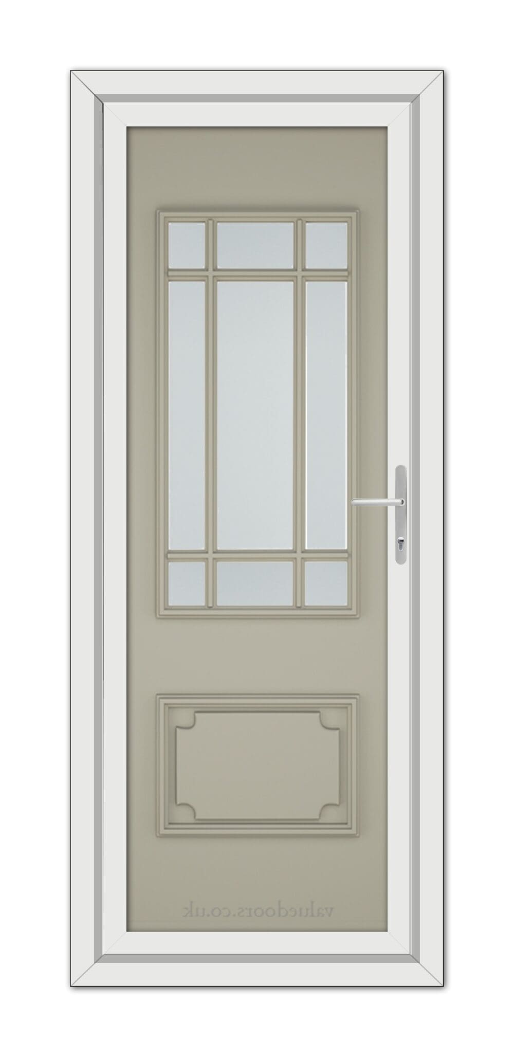 A modern Pebble Grey Seville uPVC door with a window composed of nine panes, equipped with a white handle, set within a white frame.