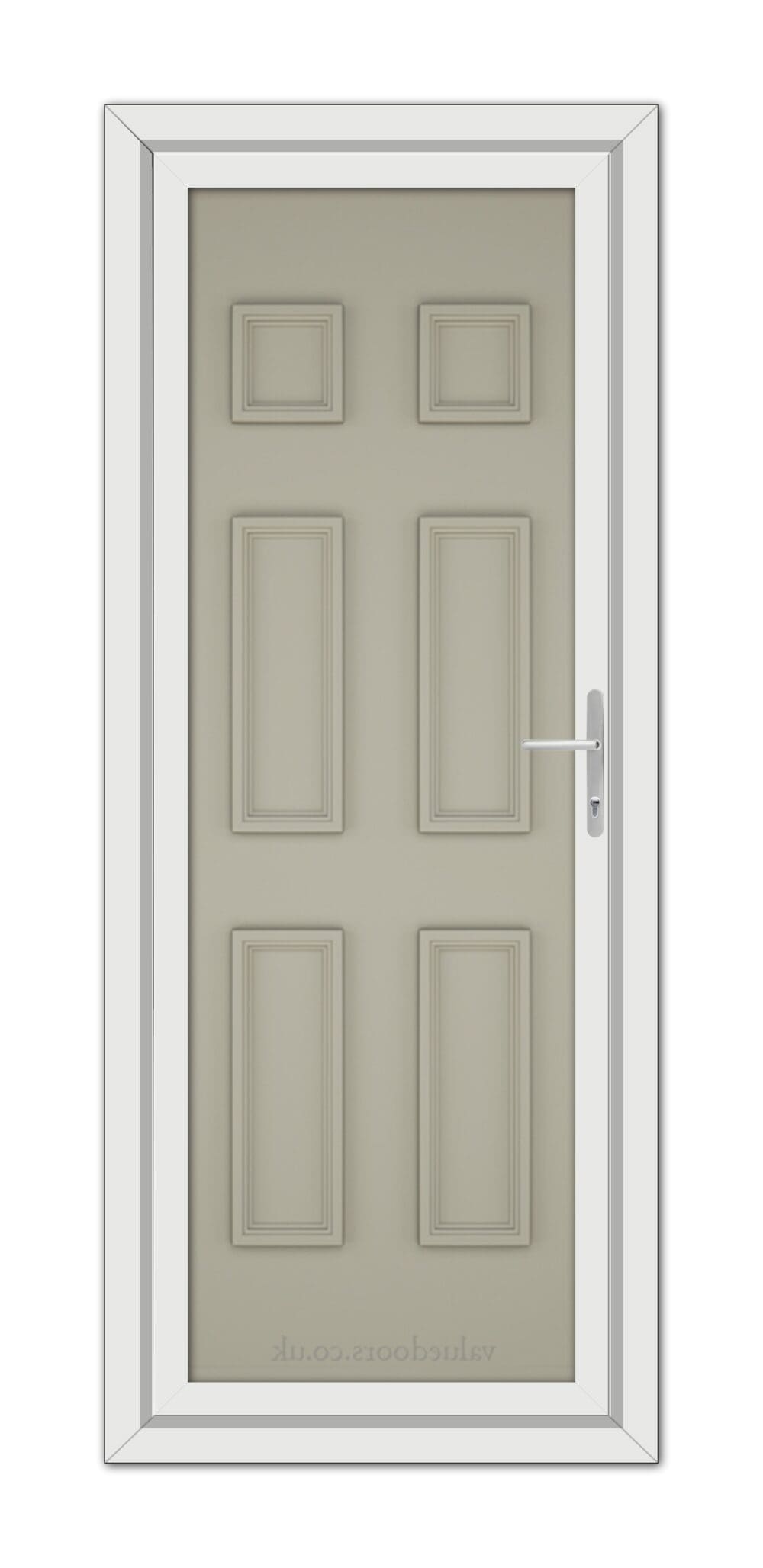 A vertical image of a closed Pebble Grey Windsor Solid uPVC Door with six panels and a metallic handle, set within a white frame.