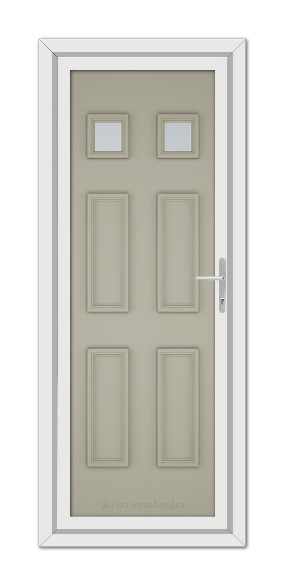 A modern Pebble Grey Windsor uPVC door with six rectangular panels and three small square windows at the top, fitted within a white frame.