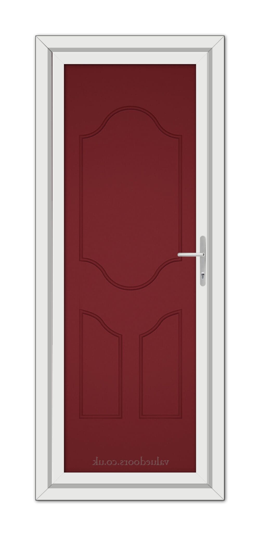 A modern Red Althorpe Solid uPVC Door with a white frame and a silver handle, set in a vertical position.