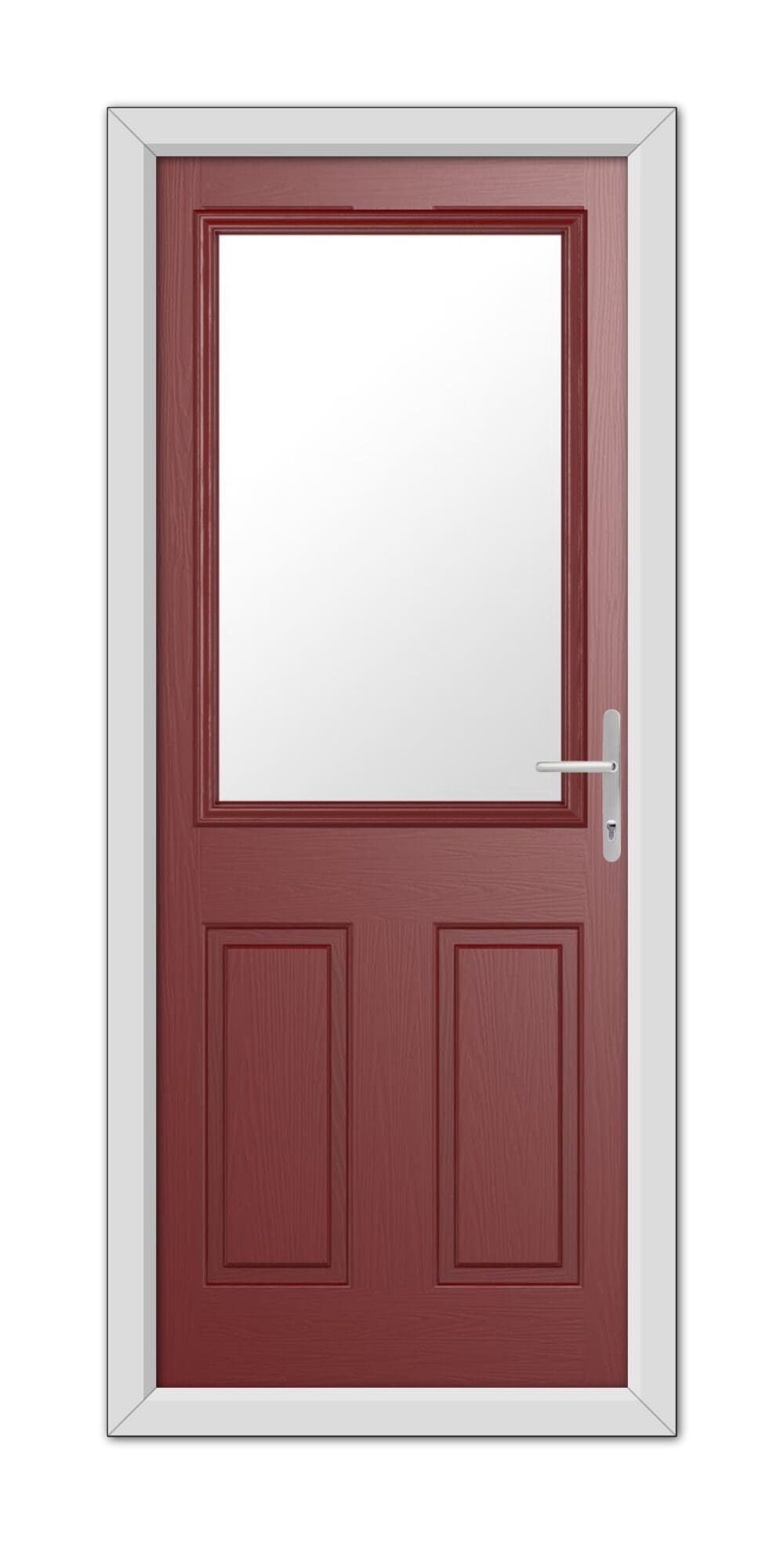 A closed Red Buxton Composite Door 48mm Timber Core featuring a central window, framed in white, with a metallic handle on the right side.