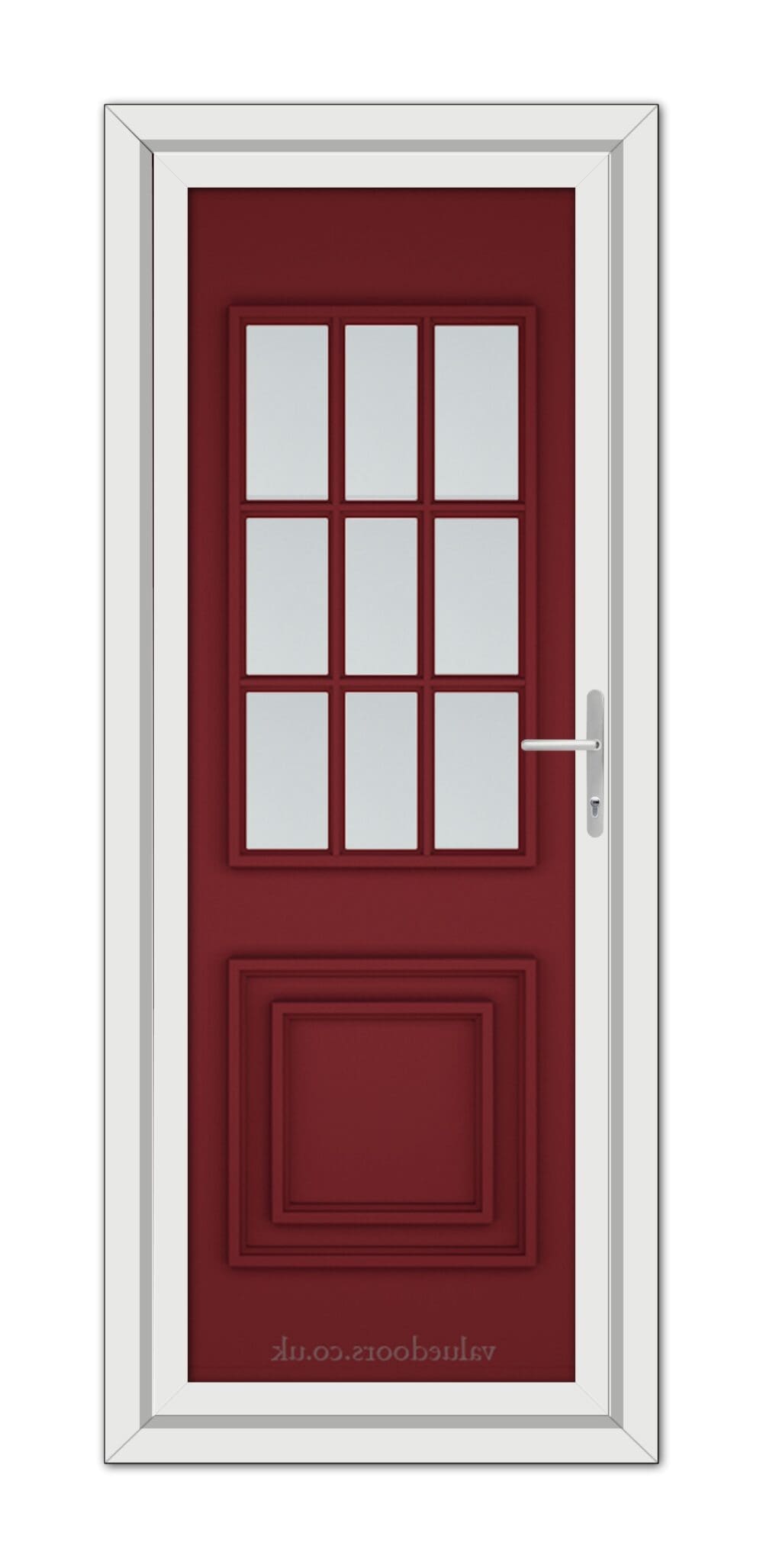 A Red Cambridge One uPVC Door with glass panes.