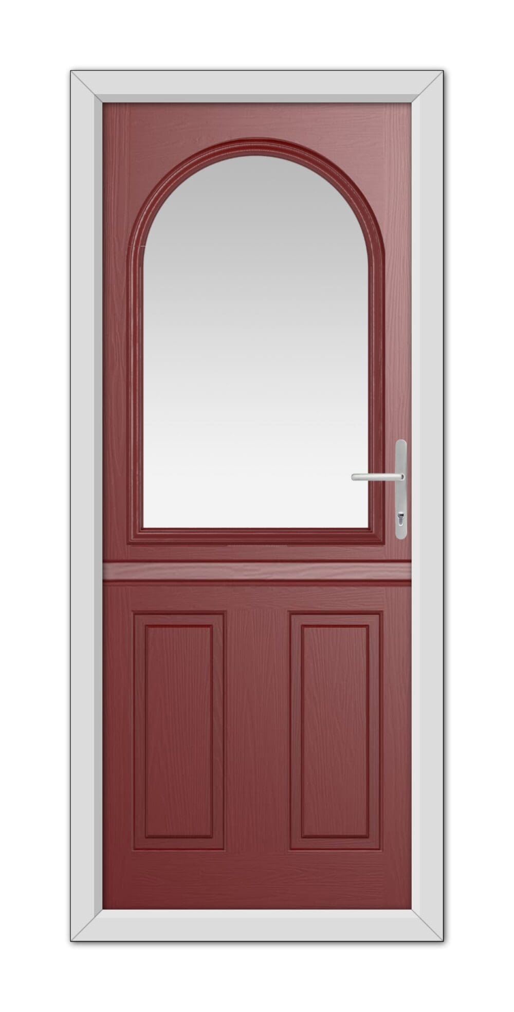 A Red Grafton Stable Composite Door 48mm Timber Core with an arched window at the top, featuring a white frame and handle, isolated on a white background.